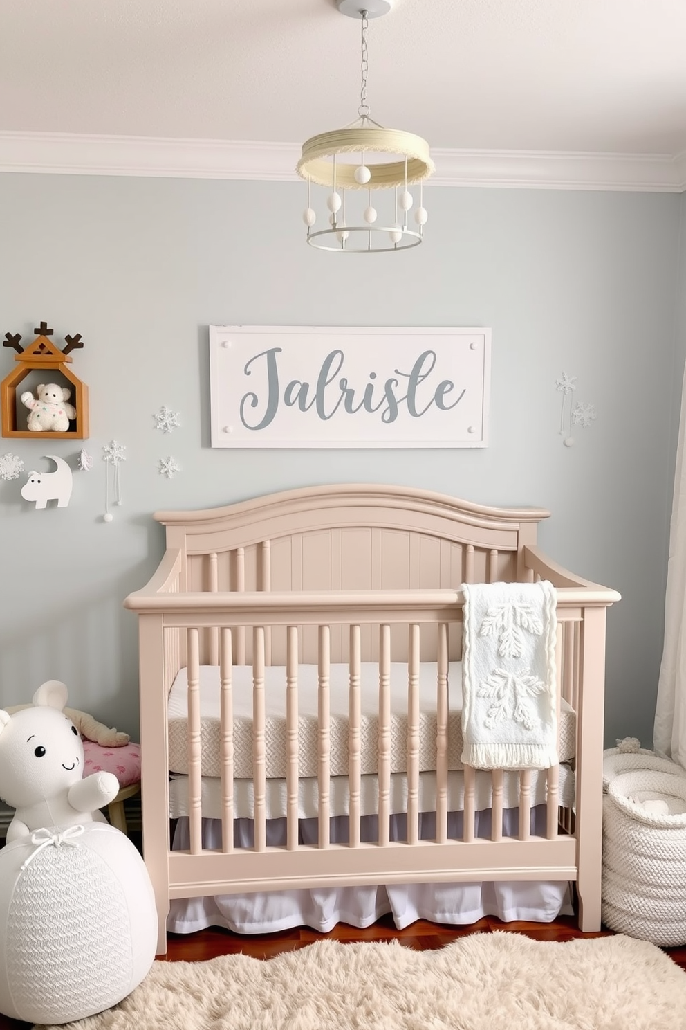 Personalized name art displayed prominently above the crib creates a warm and inviting atmosphere. Soft pastel colors are used throughout the nursery, with cozy textures like plush rugs and fluffy blankets to enhance comfort. Winter-themed decorations adorn the walls, featuring snowflakes and gentle woodland creatures. A charming mobile hangs from the ceiling, adding a whimsical touch to the serene setting.