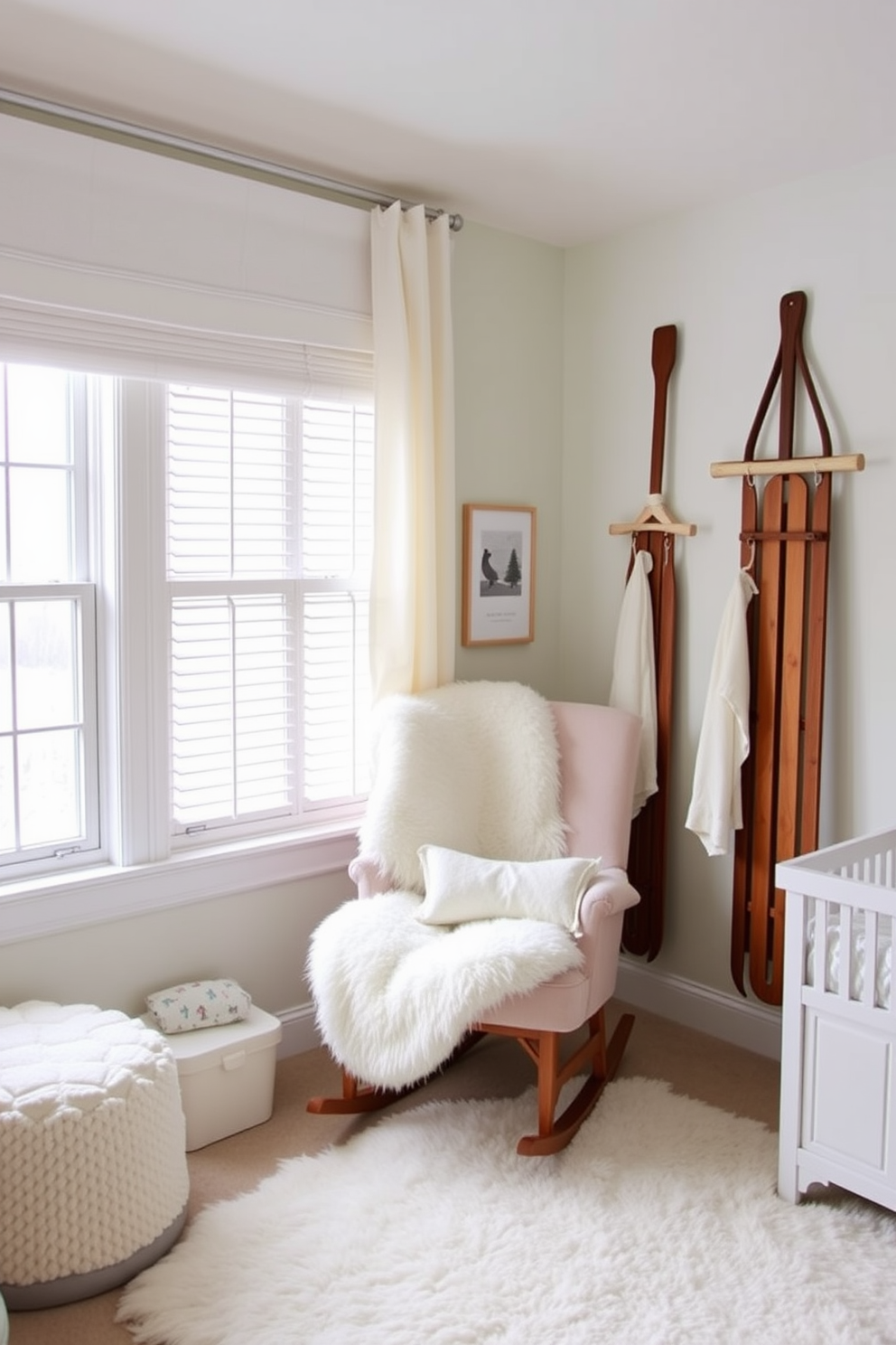 A cozy winter nursery featuring vintage sleds as decorative accents. Soft pastel colors dominate the walls while the sleds are creatively hung on one side, adding a whimsical touch to the space. Plush furnishings include a comfortable rocking chair and a soft area rug. The room is filled with natural light, enhancing the serene atmosphere perfect for a baby.