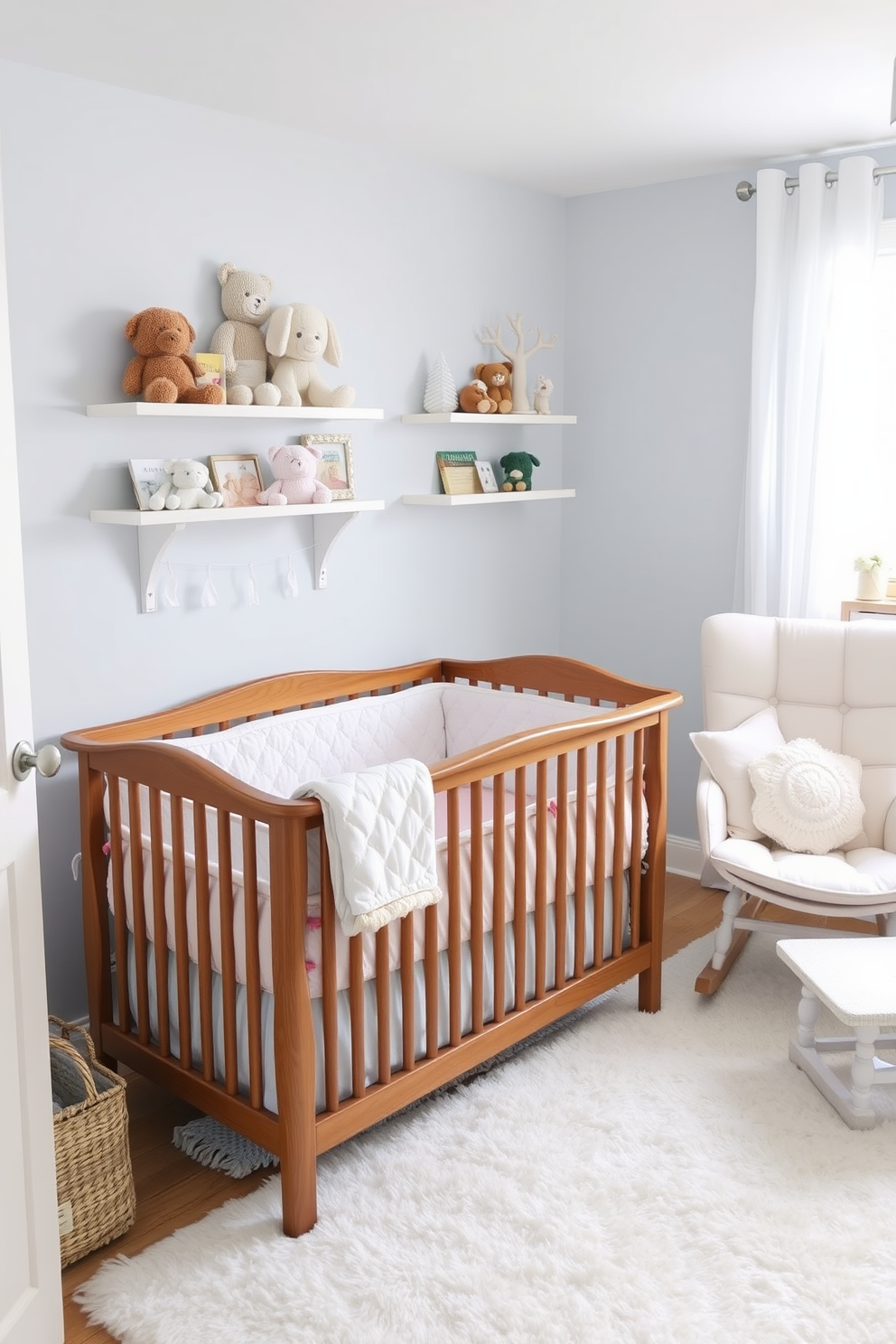 A cozy winter nursery filled with soft pastel hues creating a serene atmosphere. The walls are painted in a gentle light blue, complemented by a plush white rug that adds warmth to the space. A beautifully crafted wooden crib is adorned with a delicate pastel quilt. Shelves lined with soft toys and books add charm, while a comfortable rocking chair invites moments of quiet reflection.