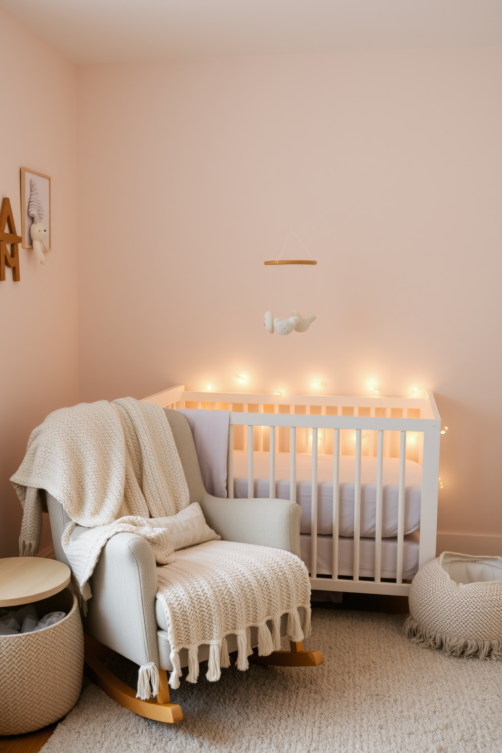 A cozy winter nursery adorned with soft knitted blankets draped over a plush rocking chair. The walls are painted in a gentle pastel hue, and a whimsical mobile hangs above a crib surrounded by warm lighting.