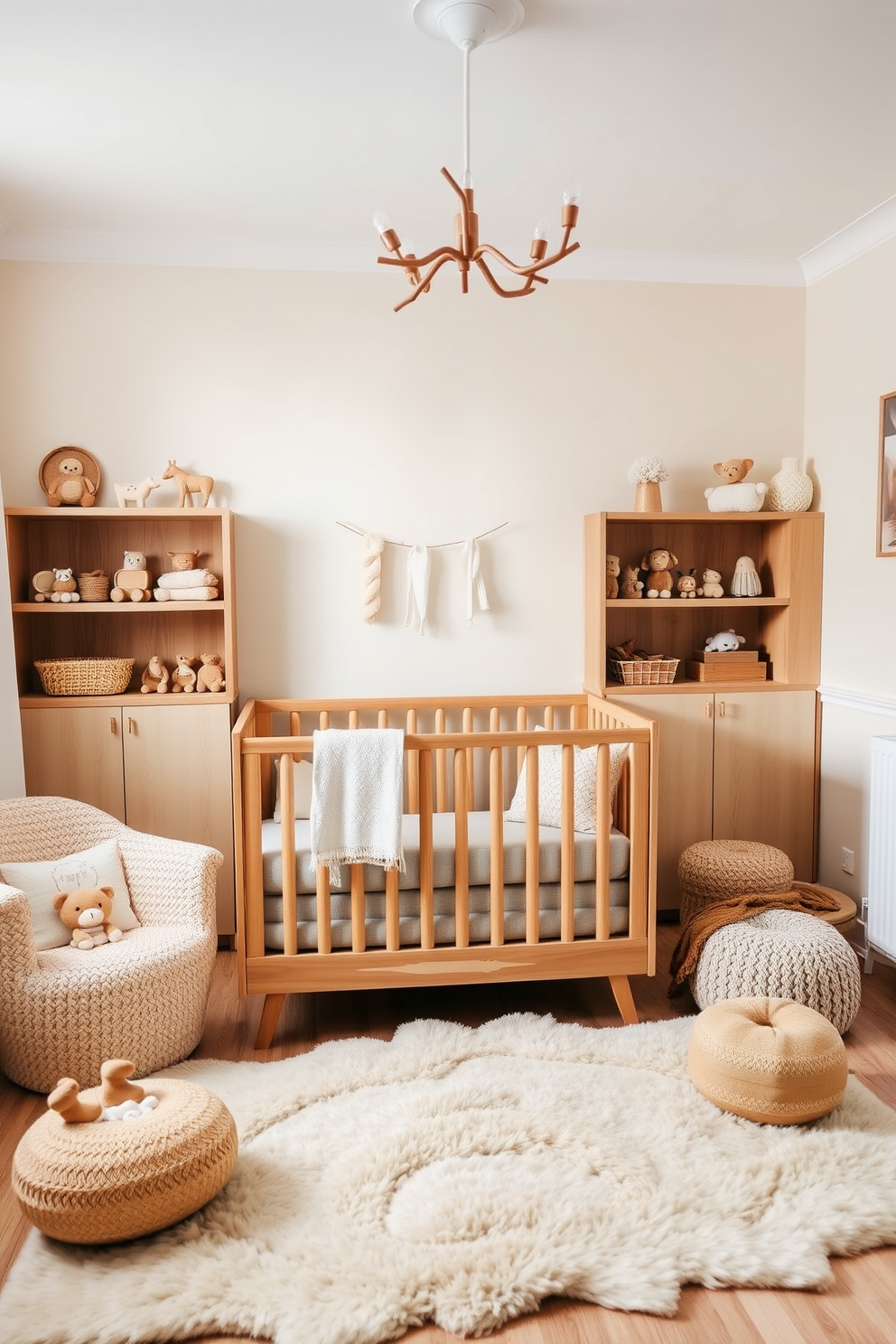 A cozy winter nursery featuring wooden toys that create a natural aesthetic. The room is adorned with soft, neutral-toned textiles and a warm color palette that invites tranquility. A wooden crib is centrally placed, surrounded by charming wooden toys displayed on open shelves. The walls are painted in a soothing pastel shade, complemented by a plush area rug that adds warmth to the space.