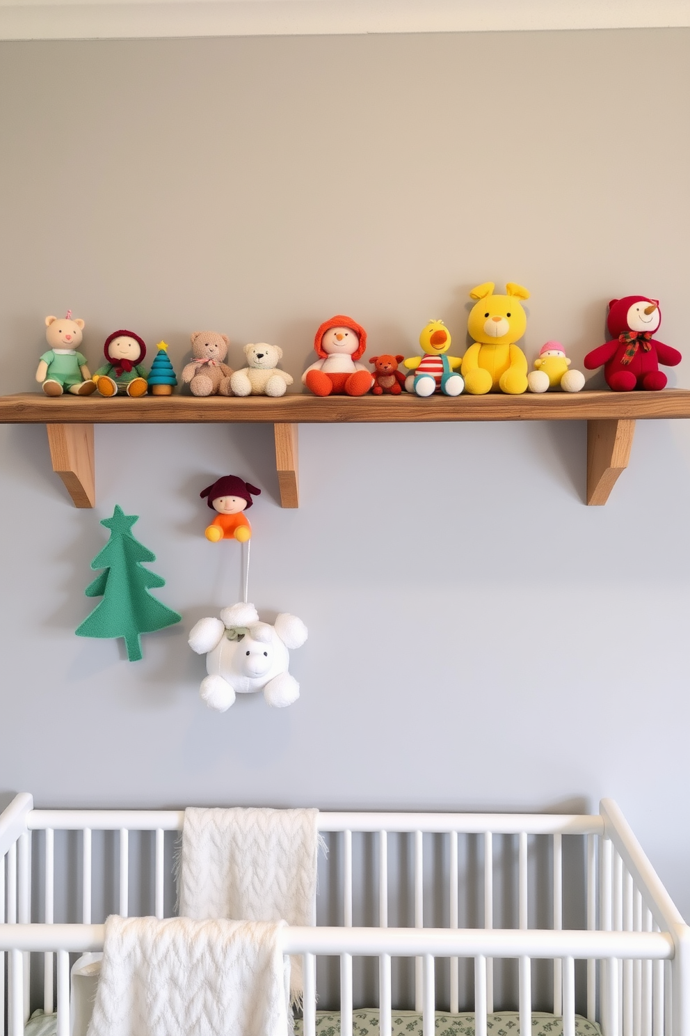 A cozy winter nursery featuring rustic wooden shelves adorned with a variety of colorful toys. The shelves are mounted on a soft gray wall, creating a warm and inviting atmosphere for a child's space.