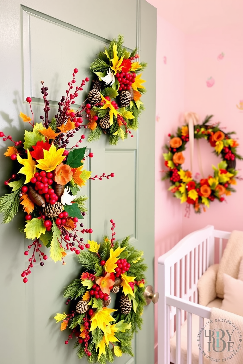 Colorful winter wreaths adorn the front door, featuring an array of vibrant seasonal foliage and berries intertwined with pinecones. The wreaths are designed to evoke a cheerful and festive atmosphere, welcoming guests with their bright hues against the winter backdrop. The nursery is decorated in soft pastel colors, creating a serene environment for the baby. Adorned with whimsical wall decals and cozy textiles, the space combines functionality with playful charm, ensuring comfort and style.