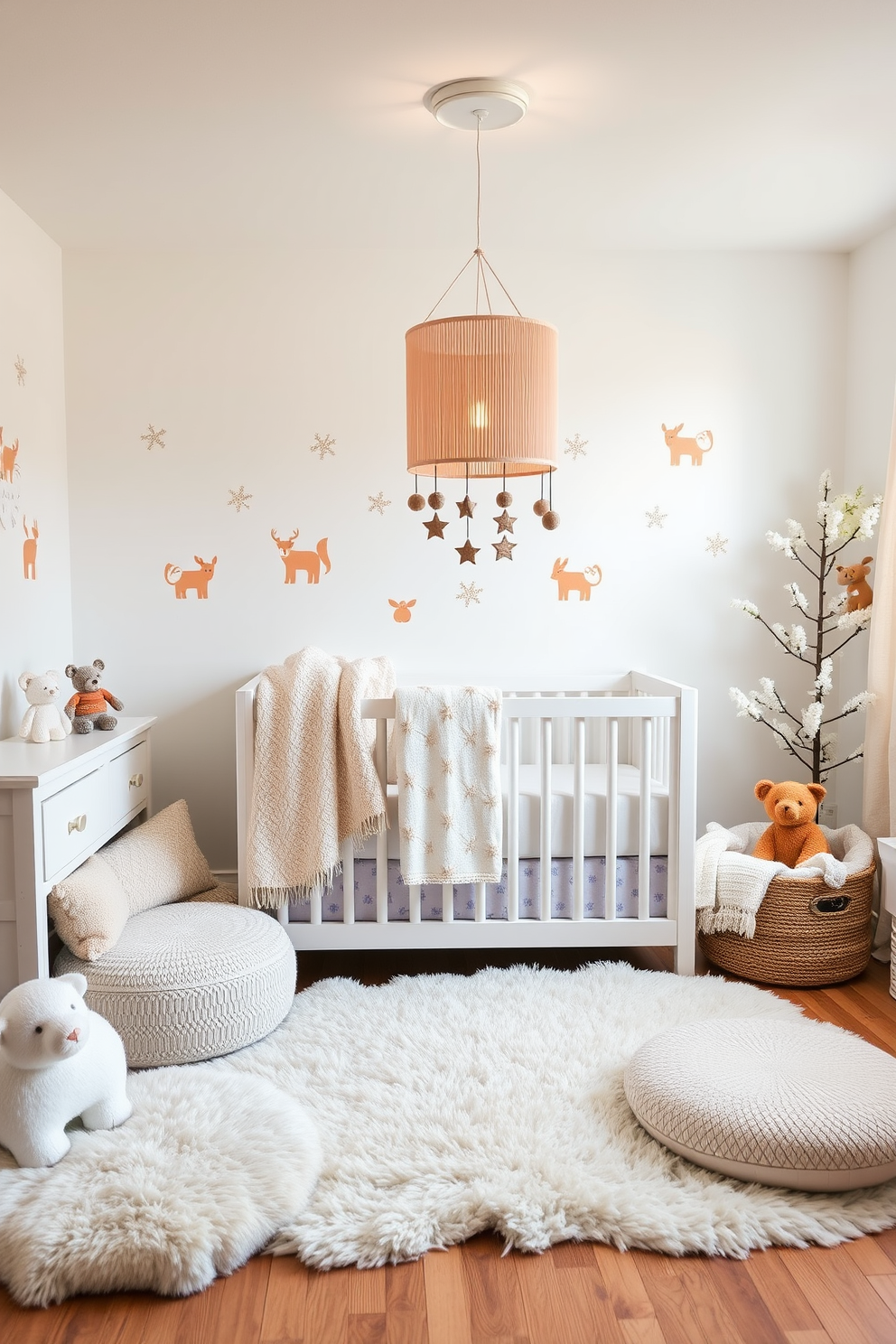 Create a cozy winter nursery filled with adorable animal figurines that add a playful charm to the space. Soft pastel colors dominate the decor, with plush rugs and warm blankets creating a welcoming atmosphere. Incorporate whimsical elements like wall decals featuring forest animals and a mobile hanging above the crib. The room should have ample natural light, highlighting the cute details and inviting a sense of joy and comfort.