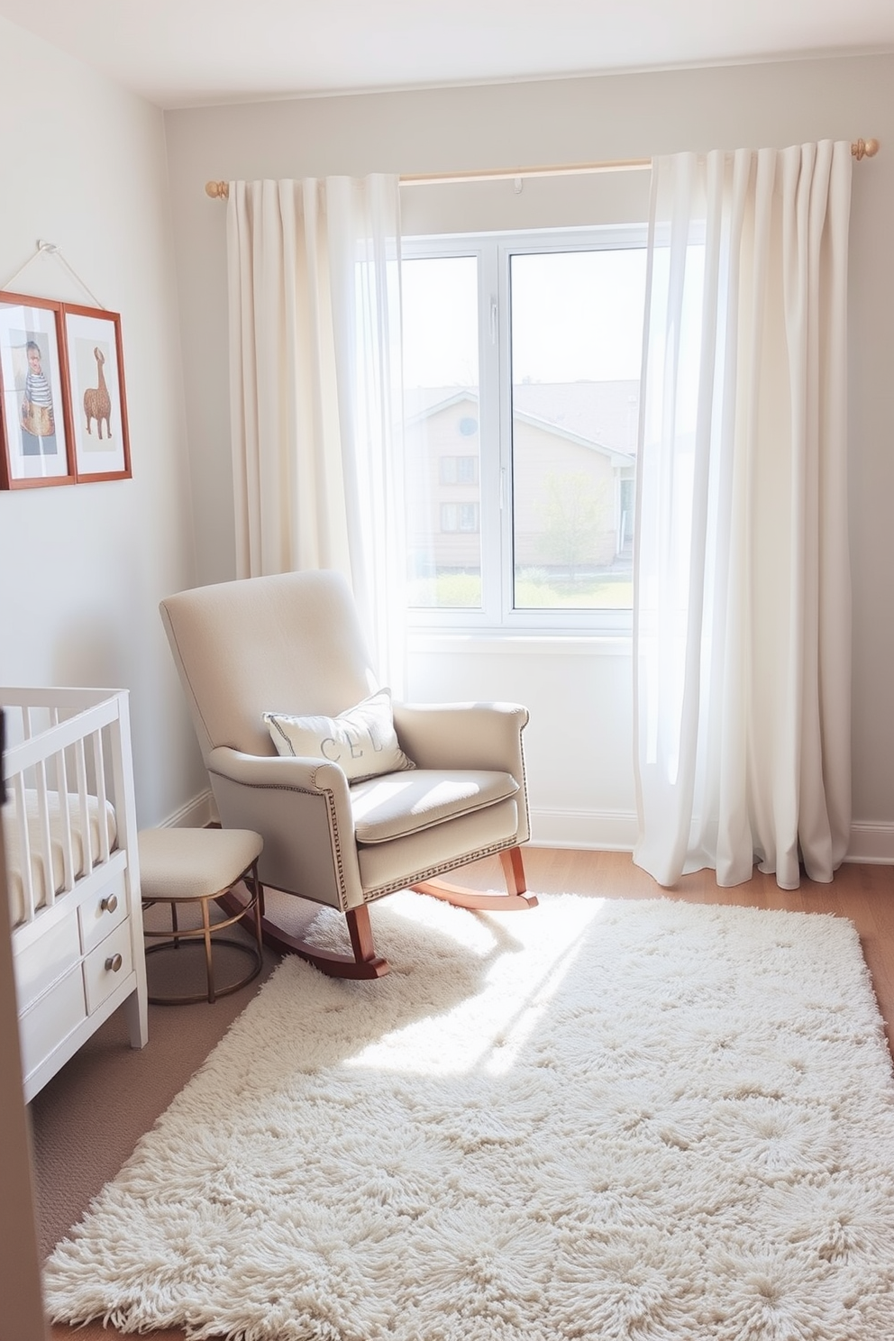 A cozy nursery featuring a comfortable rocking chair in soft, neutral fabric. The chair is placed near a large window with sheer curtains, allowing natural light to fill the space. The walls are painted in a gentle pastel shade, creating a calming atmosphere. A plush area rug lies underneath, adding warmth and texture to the room.