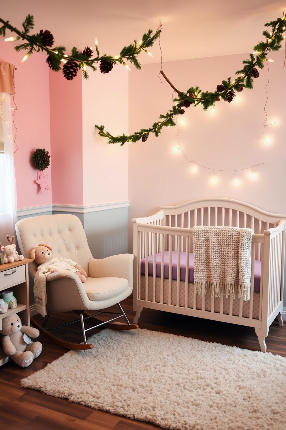 A cozy winter nursery filled with warmth and cheer. Soft pastel colors adorn the walls, and a plush rocking chair sits in the corner, draped with a knitted throw. Seasonal garlands hang playfully from the ceiling, featuring a mix of pinecones and twinkling fairy lights. A beautifully crafted crib is positioned against the wall, surrounded by cuddly stuffed animals and a soft area rug.