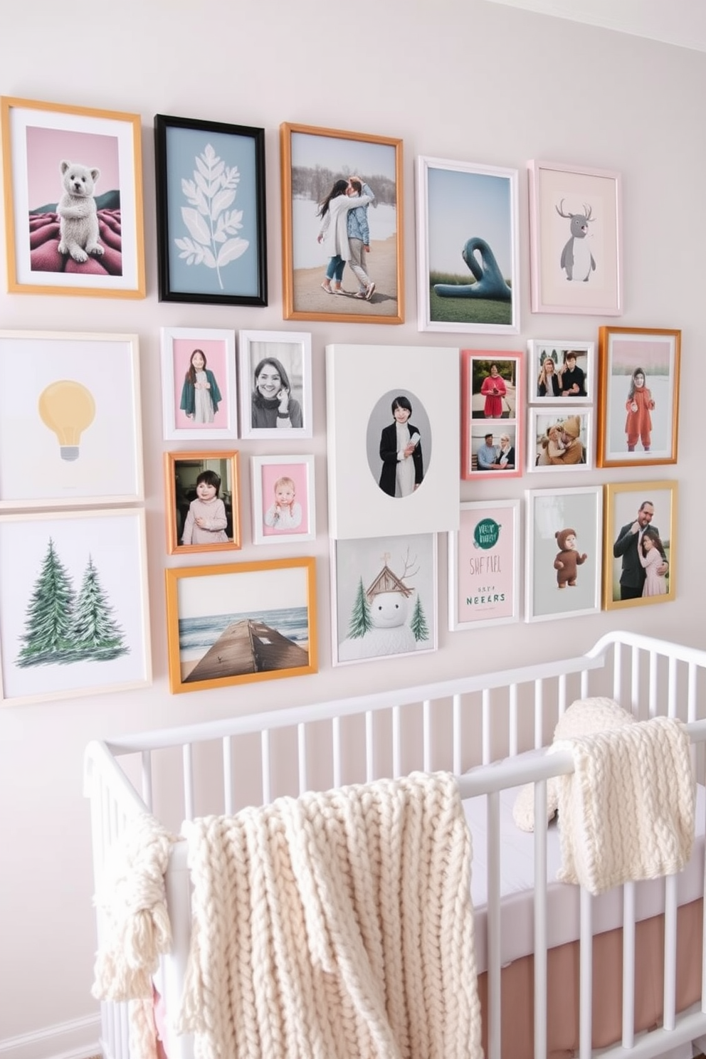 Creative wall art for personal expression. A vibrant gallery wall featuring an eclectic mix of framed prints, canvas art, and personal photographs in various sizes. Winter nursery decorating ideas. Soft pastel colors dominate the space, with cozy textures like knitted blankets and plush rugs, complemented by whimsical winter-themed decor.