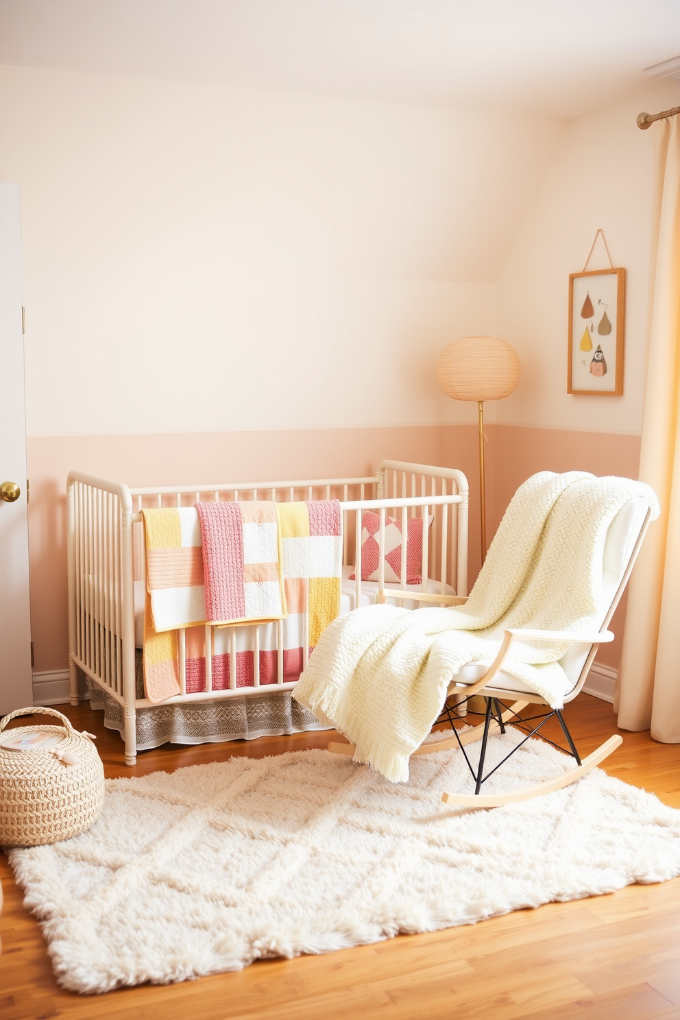 A cozy winter nursery featuring warm color accents. The walls are painted in a soft cream shade, complemented by pastel accents in shades of peach and light yellow. A plush area rug in a warm beige tone covers the wooden floor. The crib is adorned with a quilt that incorporates various warm colors, and a comfortable rocking chair sits in the corner with a knitted throw draped over it.