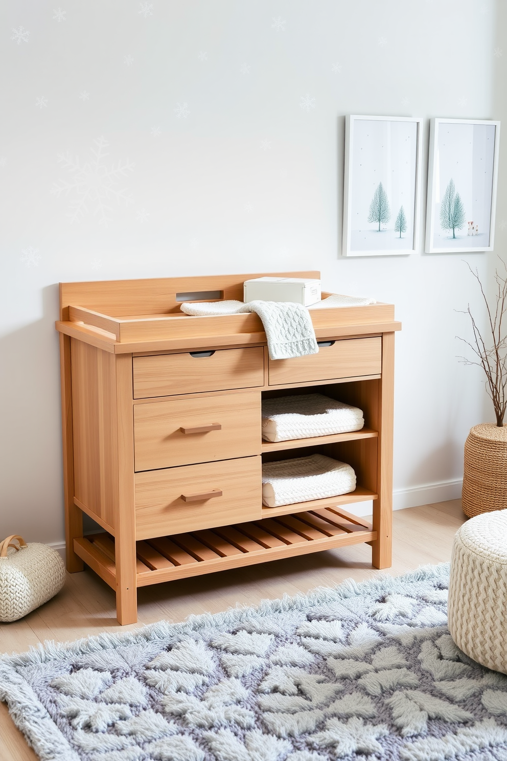 A stylish changing table designed for functionality features a sleek wooden frame with soft pastel accents. The table is equipped with ample storage space, including drawers and shelves, to keep baby essentials organized and easily accessible. The nursery is decorated with winter-themed elements, such as soft snowflake patterns on the walls and cozy knitted textiles. A plush area rug in cool tones adds warmth, while whimsical artwork depicting winter scenes enhances the overall ambiance.