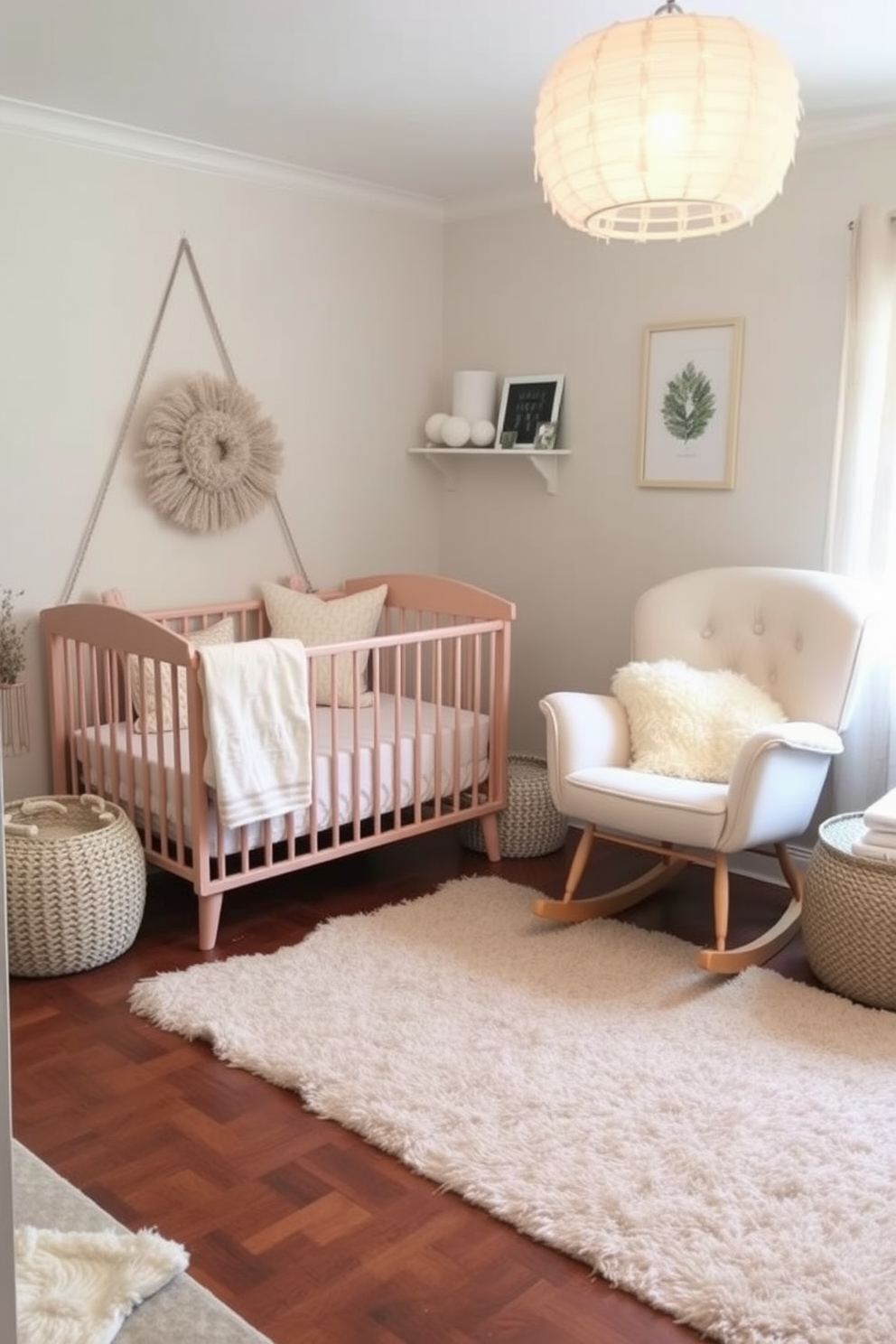 A cozy winter nursery featuring layered rugs for added comfort and warmth. The space is adorned with soft pastel colors, and a plush rocking chair sits beside a crib surrounded by fluffy pillows.