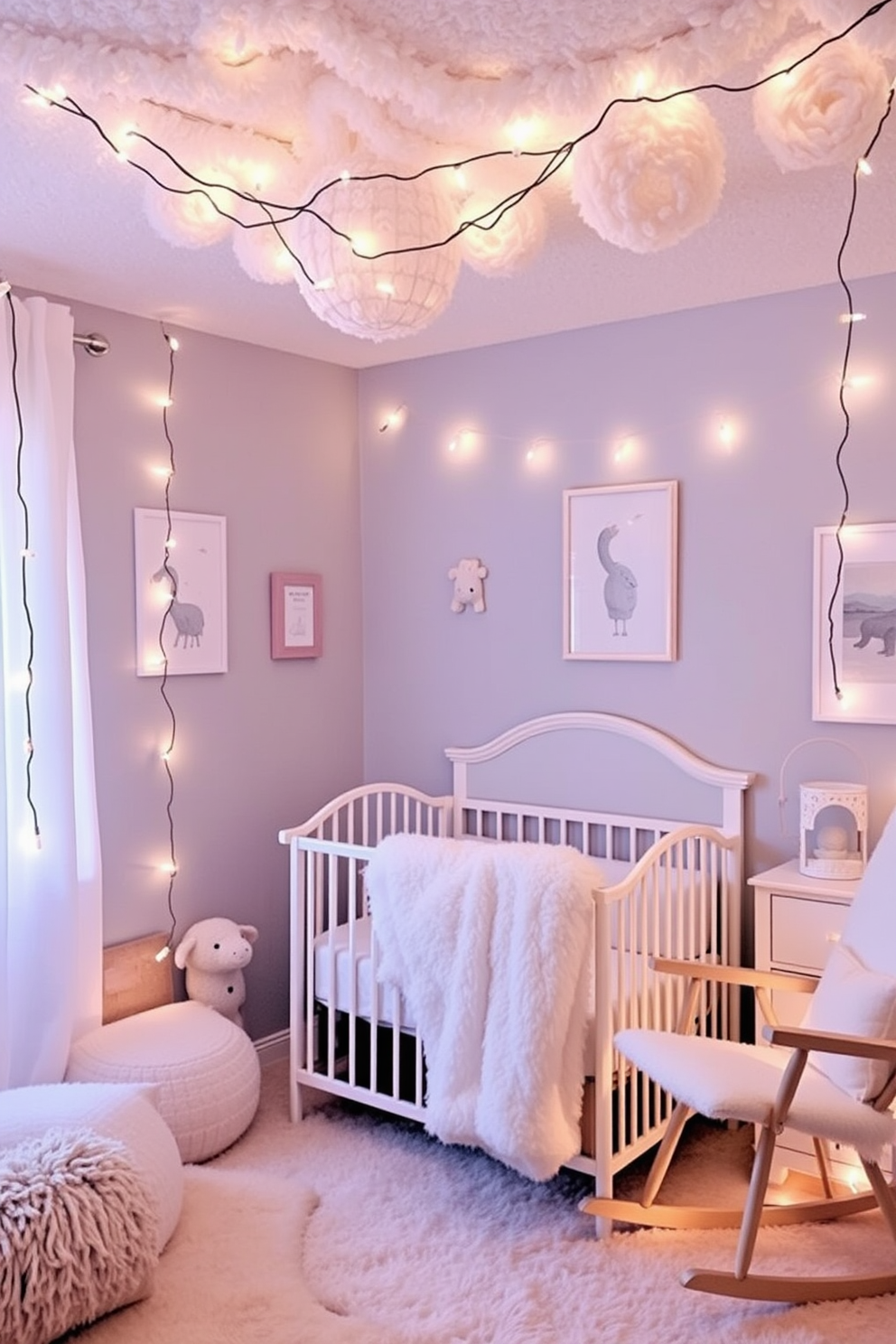 A cozy winter nursery filled with soft pastel colors and plush textures. Twinkling fairy lights are draped across the ceiling, creating a magical ambiance that invites warmth and comfort. A charming crib is adorned with a fluffy white blanket and surrounded by whimsical wall art. A rocking chair in the corner offers a perfect spot for quiet moments, illuminated by the gentle glow of the fairy lights.