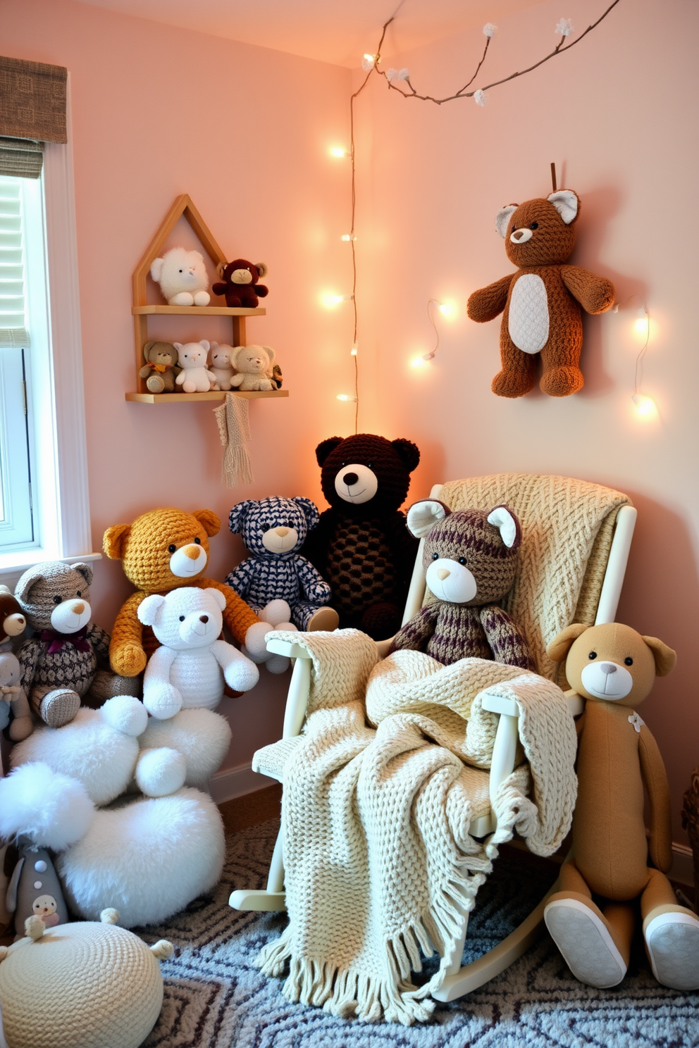 A cozy winter nursery filled with plush stuffed animals that add playful accents to the space. The walls are painted a soft pastel color, and a warm knitted blanket is draped over a rocking chair in the corner.