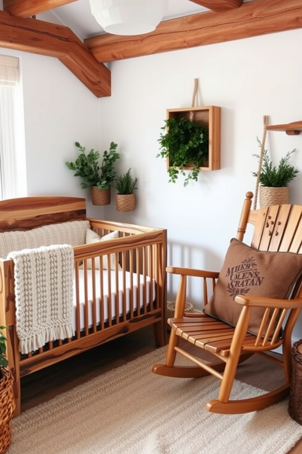 A cozy winter nursery featuring natural wood elements throughout the space. The crib is crafted from reclaimed wood, complemented by a soft, knitted blanket in neutral tones. A wooden rocking chair sits in the corner, adorned with plush cushions for comfort. The walls are painted in a soft white, while touches of greenery from potted plants add warmth to the room.