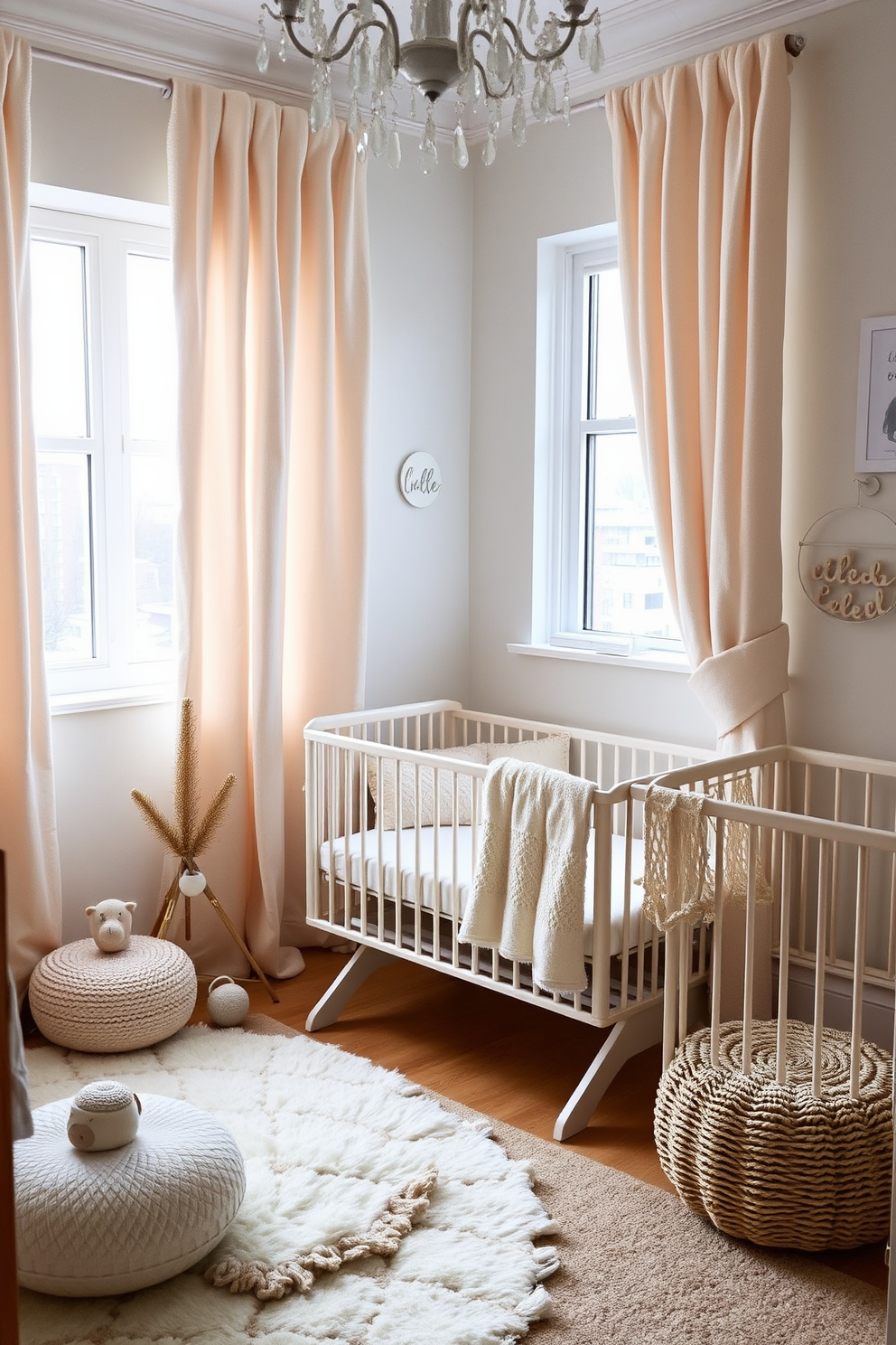 A cozy winter nursery featuring warm woolen curtains that provide insulation against the cold. The curtains are in a soft pastel color, complementing the gentle tones of the nursery decor.