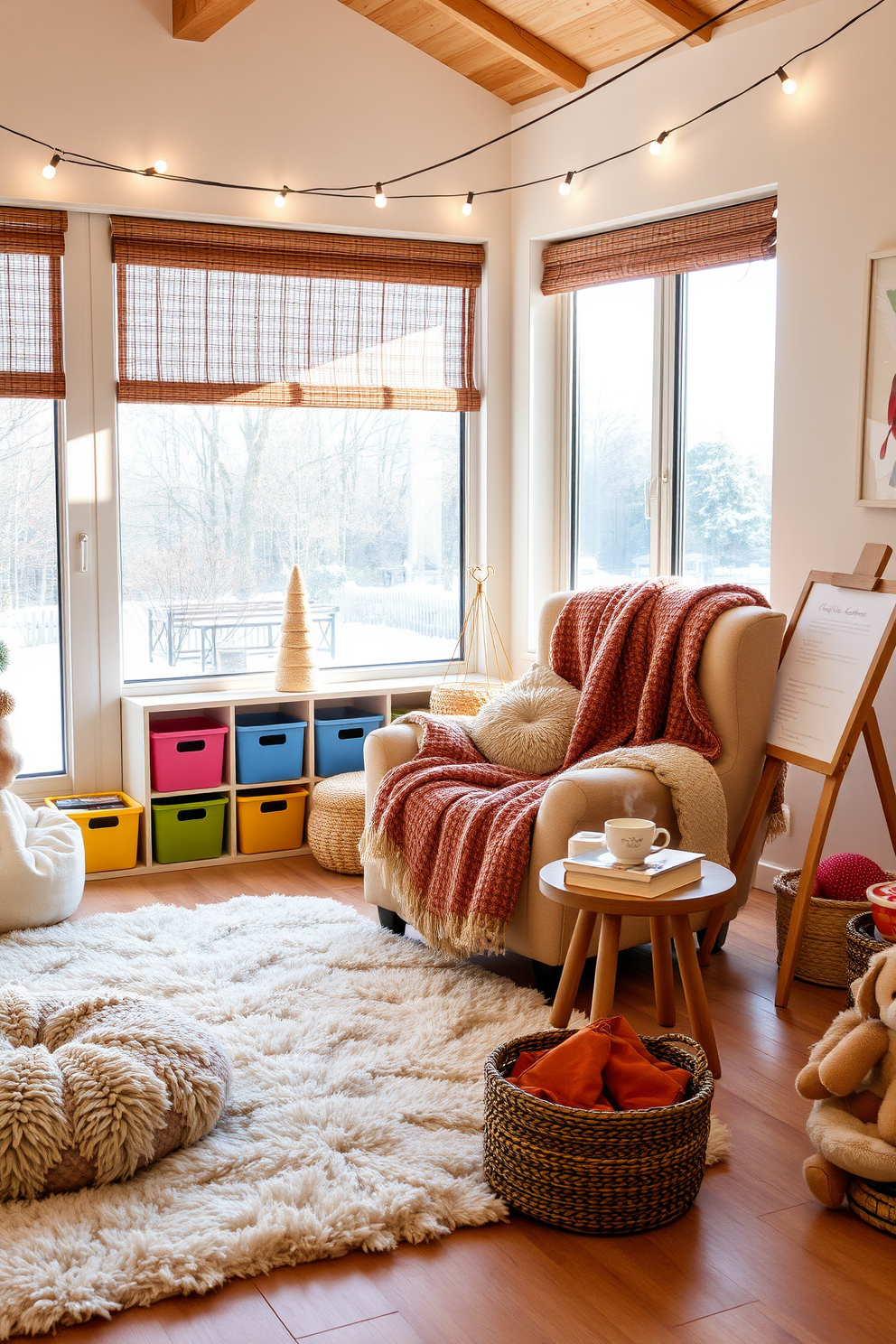 Cozy reading nook with warm blankets. A plush armchair is positioned near a large window, inviting natural light to fill the space. Soft, textured throw blankets are draped over the armchair, creating an inviting atmosphere. A small side table holds a steaming cup of tea and a stack of well-loved books. Winter playroom decorating ideas. The room features a soft, fluffy rug that adds warmth underfoot, while colorful storage bins keep toys organized. String lights are hung across the ceiling, casting a warm glow, and a small art station is set up with an easel and supplies for creative fun.