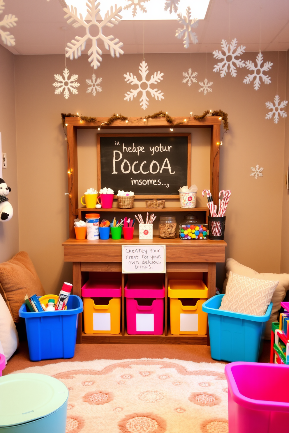 A cozy hot cocoa bar is set up with colorful mugs and a variety of toppings including marshmallows, sprinkles, and candy canes. The bar is adorned with festive decorations like twinkling lights and a cheerful sign that invites kids to create their own delicious drinks. The winter playroom is designed with soft, plush seating and a large area rug for comfort. Brightly colored storage bins hold toys and games, while snowflake decorations hang from the ceiling to create a whimsical atmosphere.