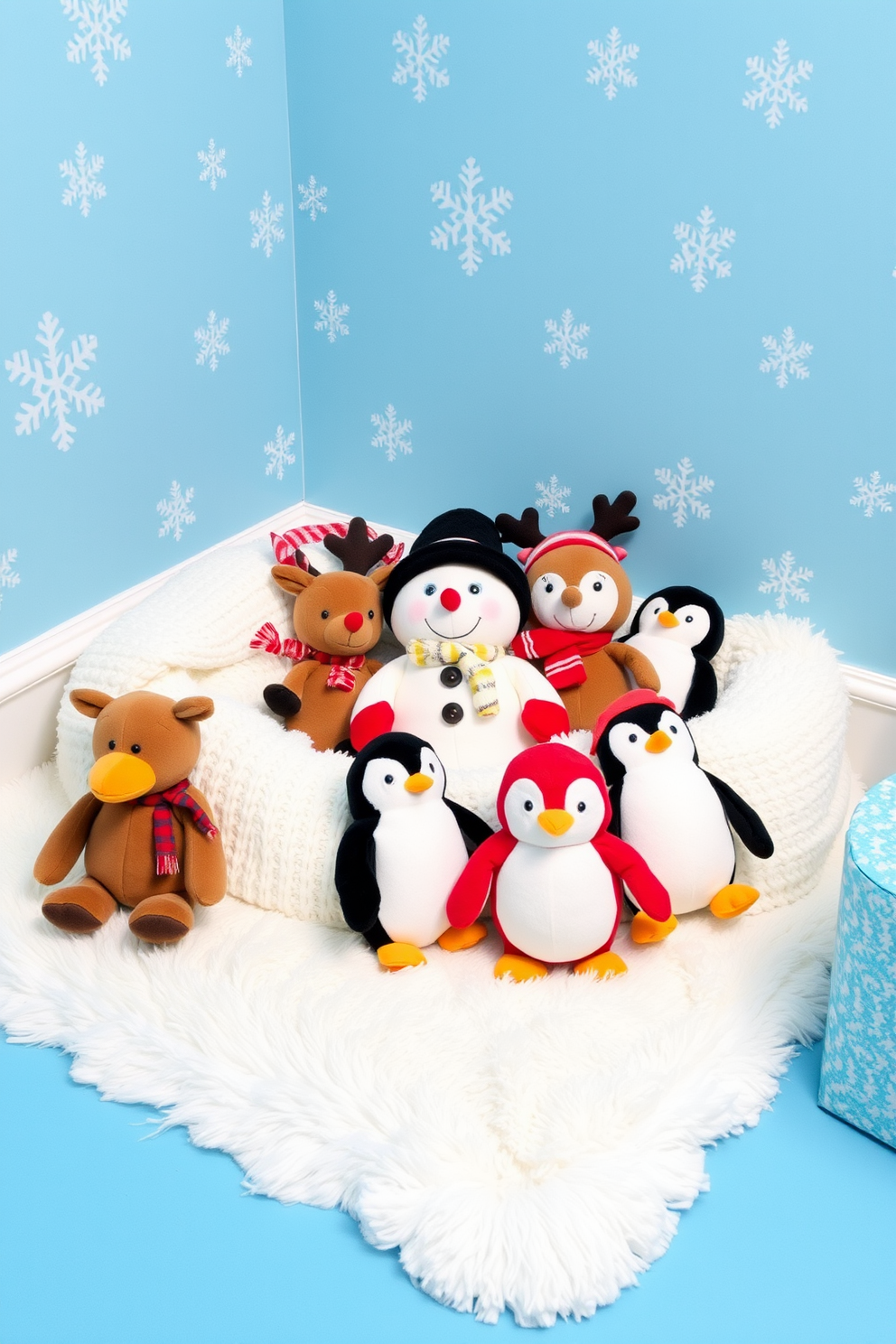 Winter themed plush toys for decor. Arrange a cozy scene featuring an assortment of plush snowmen, reindeer, and penguins nestled on a soft, knitted blanket. Winter playroom decorating ideas. Create a whimsical playroom with snowflake decals on the walls, a plush white rug resembling snow, and a vibrant blue color scheme to evoke the feeling of a winter wonderland.