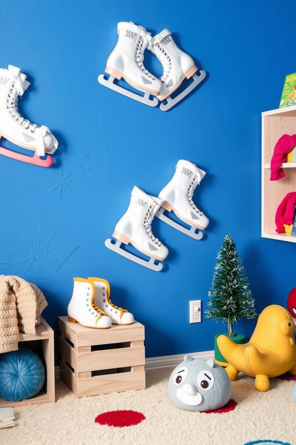 Ice skates are creatively displayed as wall art, adding a unique touch to the winter playroom. The room is filled with cozy textures and playful colors, creating an inviting atmosphere for children to enjoy.