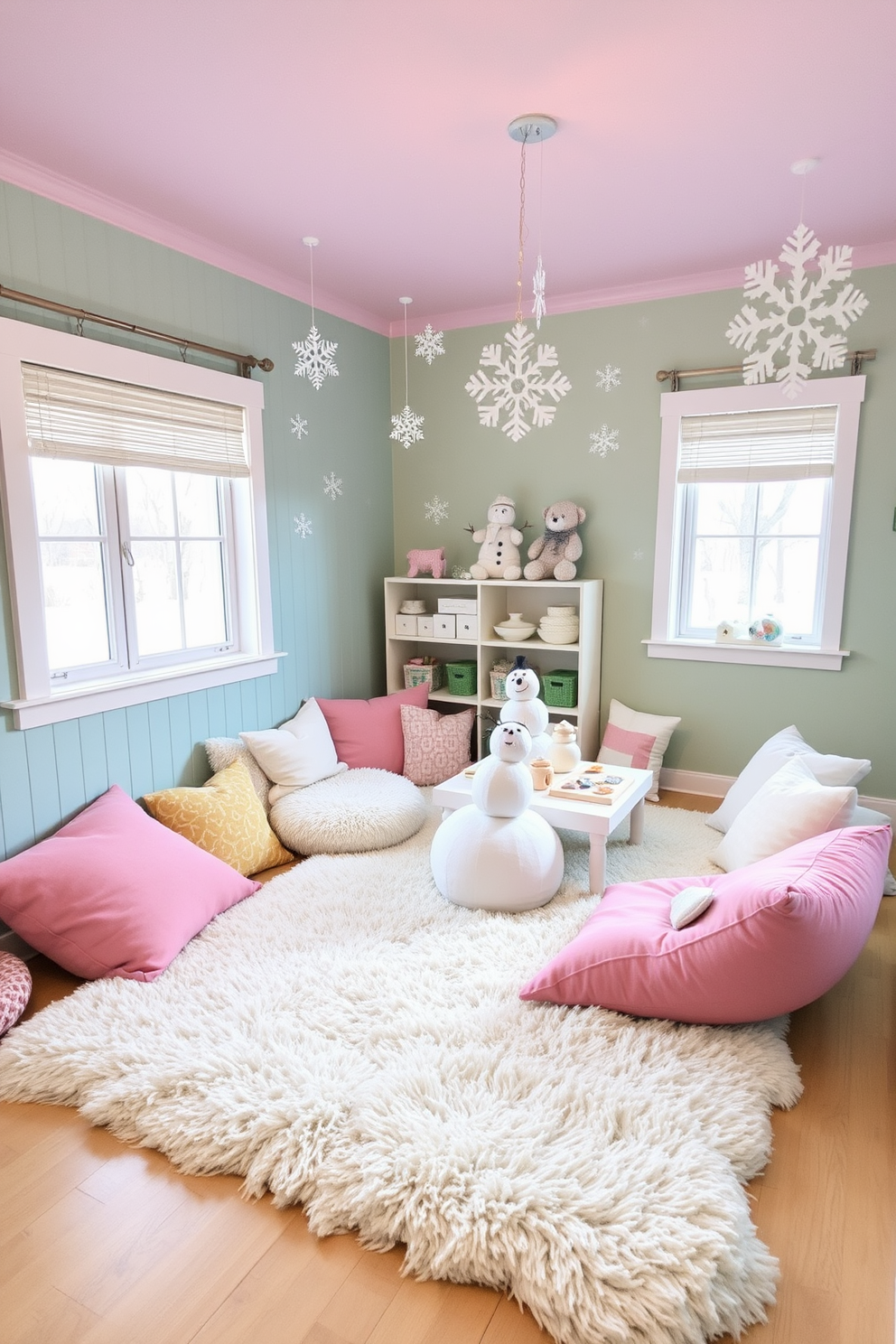 A cozy winter playroom designed for building snowmen. The room features soft, plush materials including a large fluffy rug and oversized cushions in pastel colors. Brightly colored walls create a cheerful atmosphere, while snowflake-themed decorations hang from the ceiling. A designated snowman building area includes a table with soft fabric snowballs and accessories for creative play.