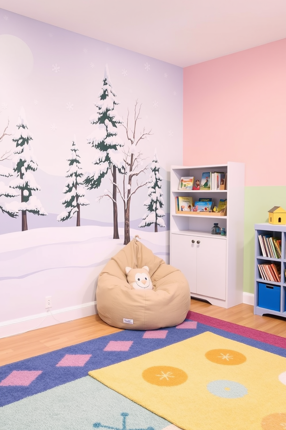 A winter wonderland mural covers one wall, featuring snow-covered trees and playful snowflakes. The opposite wall is adorned with soft pastel colors to create a warm and inviting atmosphere for children. A cozy reading nook is created with a plush bean bag chair and a small bookshelf filled with winter-themed stories. Brightly colored rugs cover the floor, adding warmth and comfort to the playroom space.