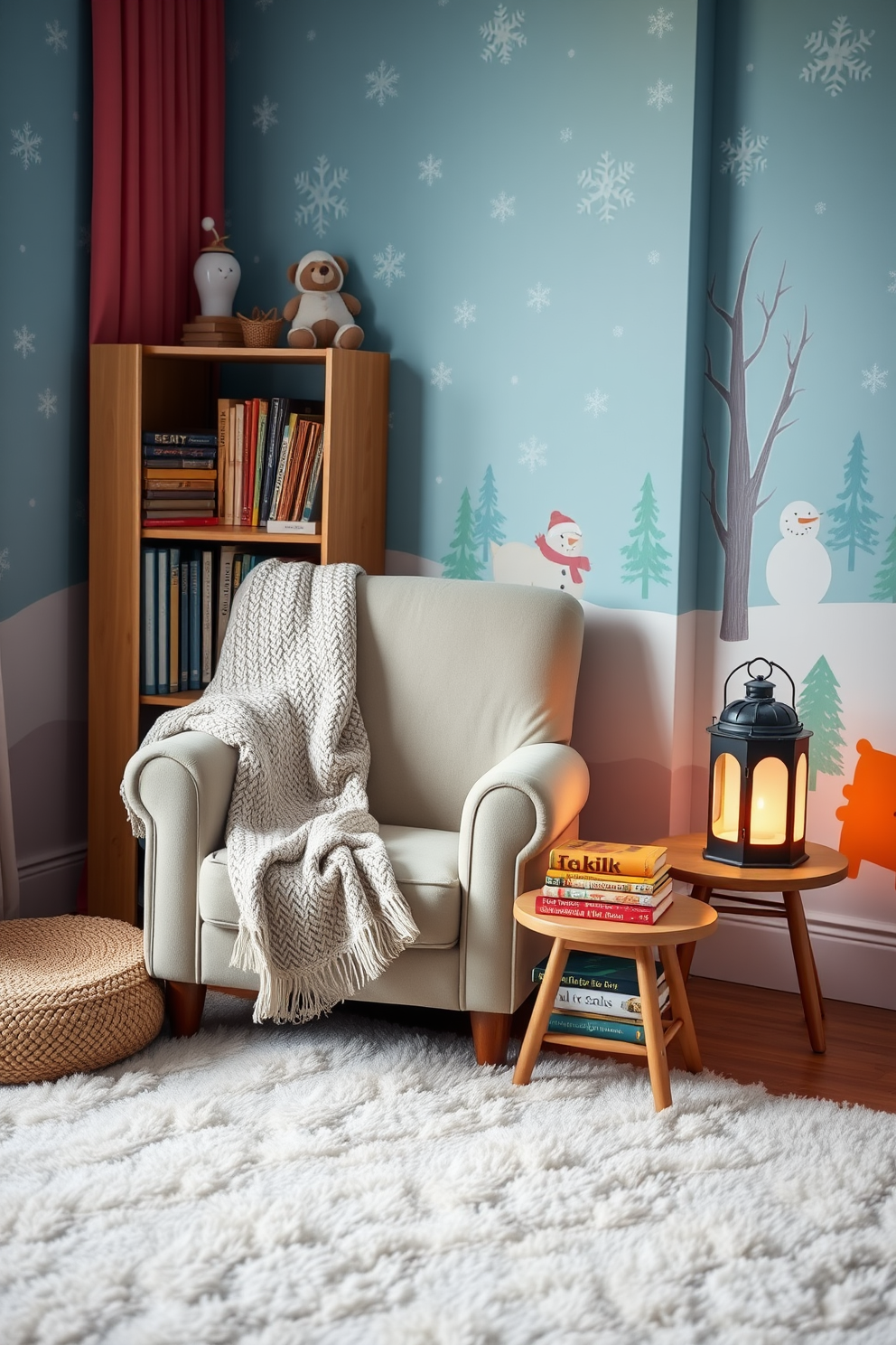 A winter story corner with cozy seating features a plush armchair upholstered in soft flannel fabric. A knitted throw blanket is draped over the armrest, and a small side table holds a stack of classic children's books beside a glowing lantern. The winter playroom is decorated with vibrant, playful colors that inspire creativity. A soft area rug covers the floor, and the walls are adorned with whimsical murals of snowflakes and playful winter scenes.