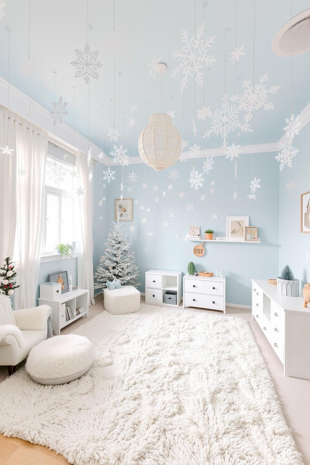 A whimsical winter playroom filled with joy and creativity. The ceiling is adorned with delicate hanging paper snowflakes, creating a magical atmosphere. The walls are painted in a soft icy blue, complemented by cozy white furniture. Plush rugs in various shades of white and light gray provide a warm and inviting space for play.