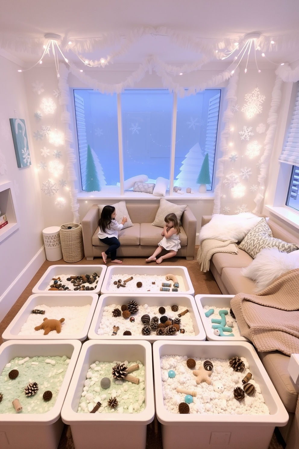 A cozy winter-themed playroom filled with sensory bins designed for tactile exploration. Each bin is filled with materials like fake snow, pinecones, and winter-themed toys to inspire imaginative play. The walls are adorned with soft, snowy white decorations and accents in shades of icy blue. Plush seating areas with warm blankets invite children to relax and enjoy the winter wonderland atmosphere.