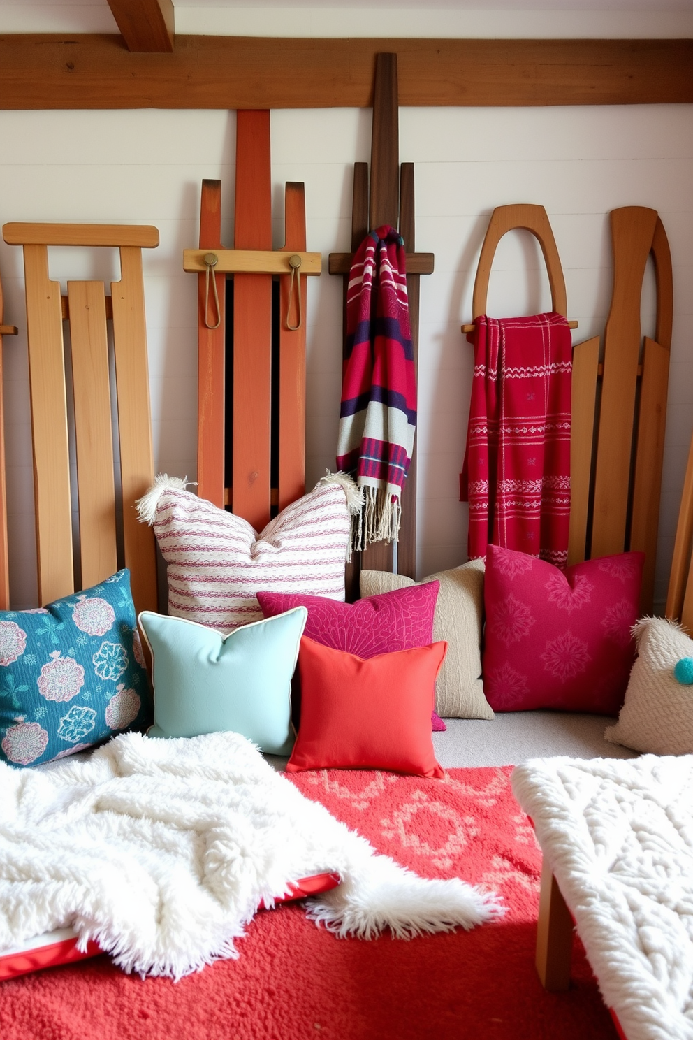 A cozy winter playroom featuring wooden sleds as decorative elements. The sleds are propped against the wall, adding a rustic charm to the space while vibrant cushions and soft throws create a warm and inviting atmosphere.