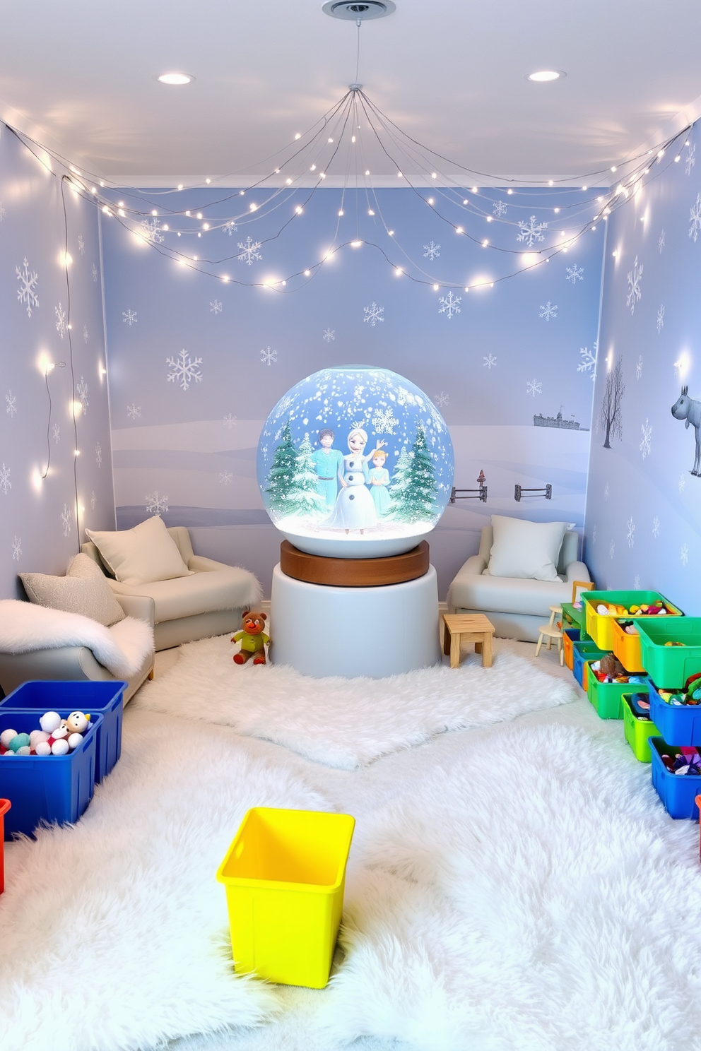 A whimsical winter playroom features a giant snow globe as the centerpiece, surrounded by soft white faux fur rugs and cozy seating. The walls are adorned with snowflake decals, and twinkling fairy lights create a magical atmosphere for children to enjoy. Colorful storage bins filled with winter-themed toys are neatly arranged, providing easy access and organization. A playful mural of a snowy landscape adds to the enchanting feel of the space, inviting imagination and creativity.