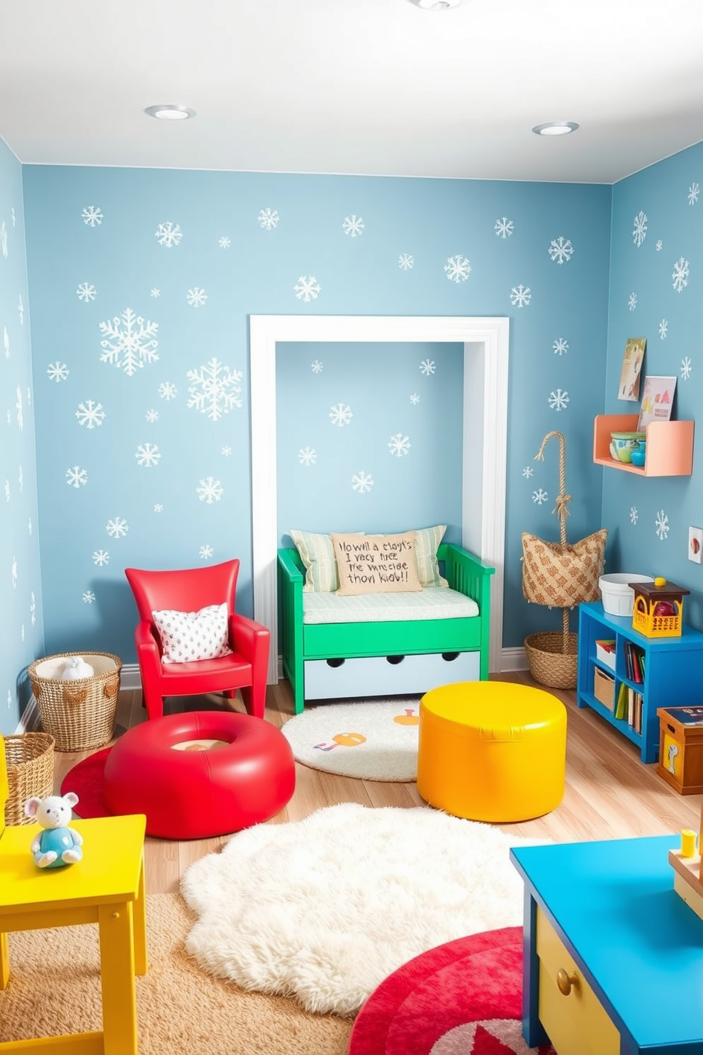 A cozy winter playroom filled with joy and creativity. The walls are adorned with delicate snowflake wall decals that bring a touch of winter charm to the space. Brightly colored furniture and soft rugs create a playful environment. A small reading nook with plush cushions invites children to enjoy their favorite winter stories.