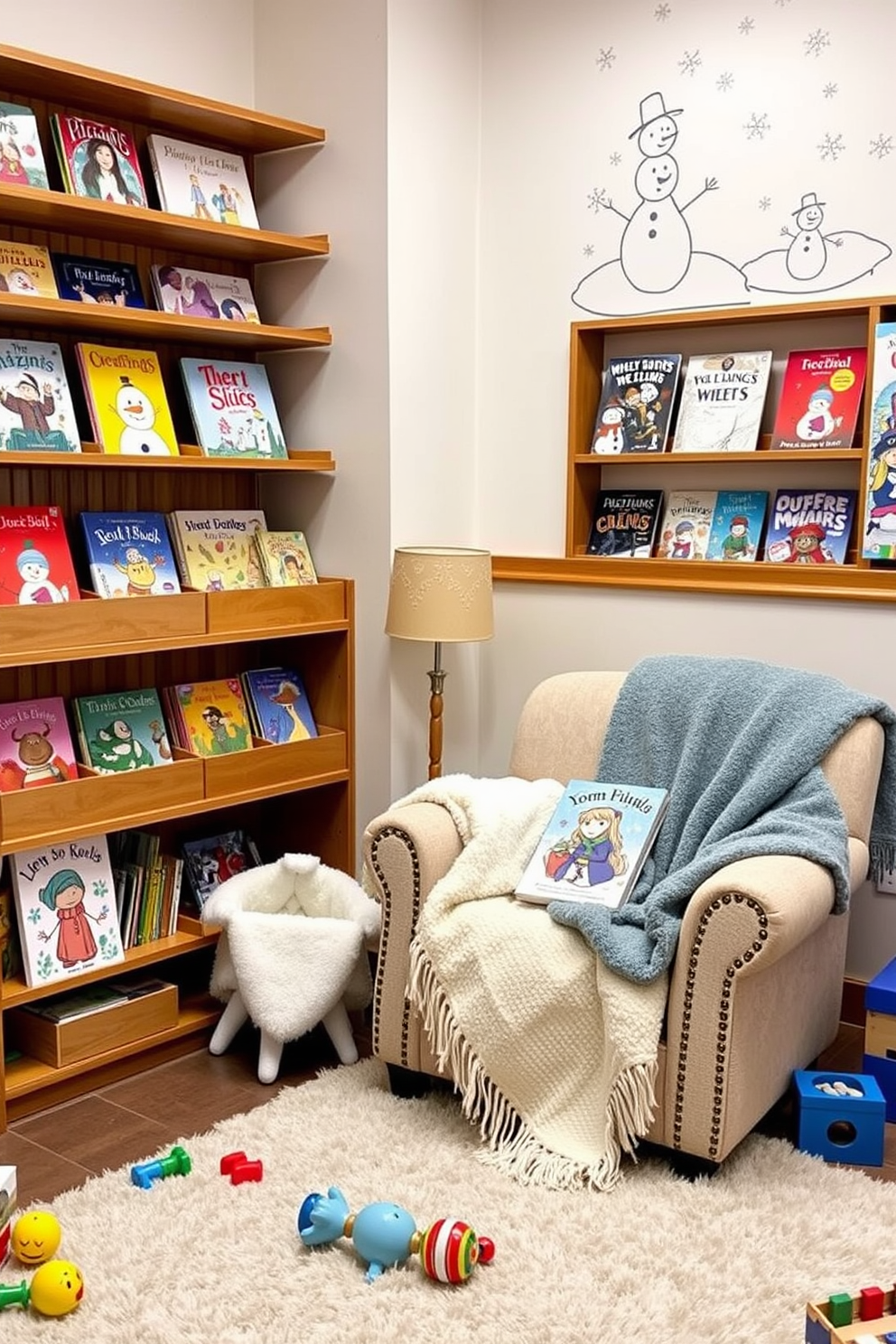 Seasonal books are artfully displayed on wooden shelves, showcasing a variety of colorful covers that reflect the winter theme. Cozy blankets are draped over a plush armchair, inviting children to curl up and read in a playful atmosphere. The walls are adorned with whimsical winter-themed artwork, featuring snowflakes and friendly snowmen. A soft area rug covers the floor, providing a warm space for children to play with toys scattered around the room.