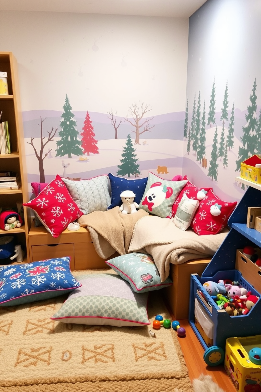 Colorful winter-themed cushions for seating are scattered across a cozy nook filled with soft blankets and plush toys. The cushions feature vibrant patterns of snowflakes and winter animals, adding a playful touch to the inviting space. Winter Playroom Decorating Ideas include a whimsical mural of a snowy landscape on one wall, creating a magical backdrop. The room is filled with interactive toys and games, with a warm rug underfoot to enhance comfort during playtime.