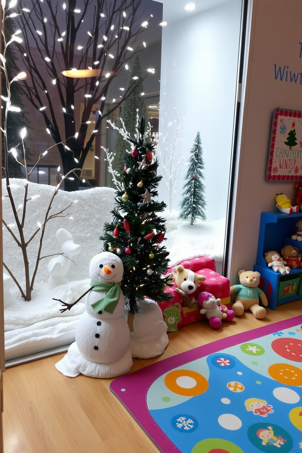 A cozy outdoor winter scene window display featuring a snow-covered landscape with twinkling fairy lights. In the foreground, a beautifully decorated evergreen tree stands next to a whimsical snowman made of soft fabric. A vibrant winter playroom decorated with playful patterns and bright colors. The space includes a large play mat, a collection of plush toys, and a wall adorned with cheerful winter-themed artwork.