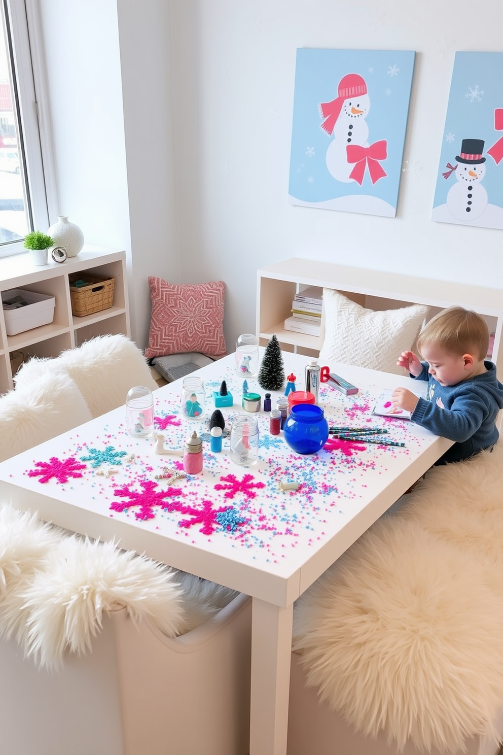 A cozy DIY snow globes craft station is set up in a bright winter playroom. The table is adorned with various crafting materials such as glitter, small figurines, and jars, creating an inviting atmosphere for creativity. The walls are decorated with cheerful winter-themed artwork, featuring snowflakes and playful snowmen. Soft, plush seating is arranged around the craft station, providing comfort for children as they engage in their winter projects.