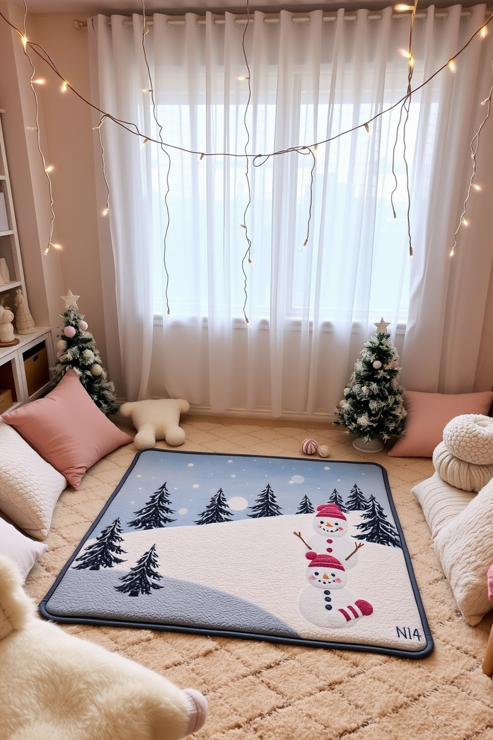 A cozy winter playroom filled with a snowy scene playmat. The playmat features soft textures and a vibrant depiction of snow-covered trees and playful snowmen. Around the playmat, plush seating in pastel colors invites children to sit and play. Twinkling fairy lights hang from the ceiling, adding a magical touch to the winter wonderland theme.