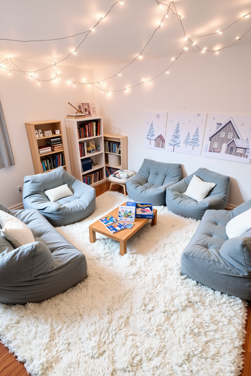 A cozy winter-themed puzzles and games corner features a large plush area rug in soft white and blue tones. Surrounding the rug are comfortable bean bags in various shades of gray, with a wooden coffee table in the center holding an assortment of winter-themed puzzles and board games. The walls are adorned with playful winter-themed artwork, showcasing snowflakes and cozy cabins. A small bookshelf filled with books and games is positioned in one corner, while fairy lights drape across the ceiling, creating a warm and inviting atmosphere.