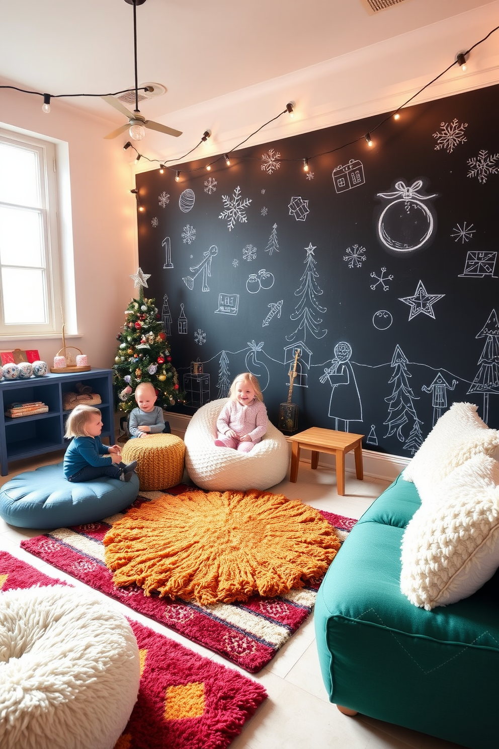 A cozy winter playroom featuring a chalkboard wall where children can express their creativity with seasonal drawings. The space is filled with soft, plush seating and colorful rugs, creating a warm and inviting atmosphere for playtime.