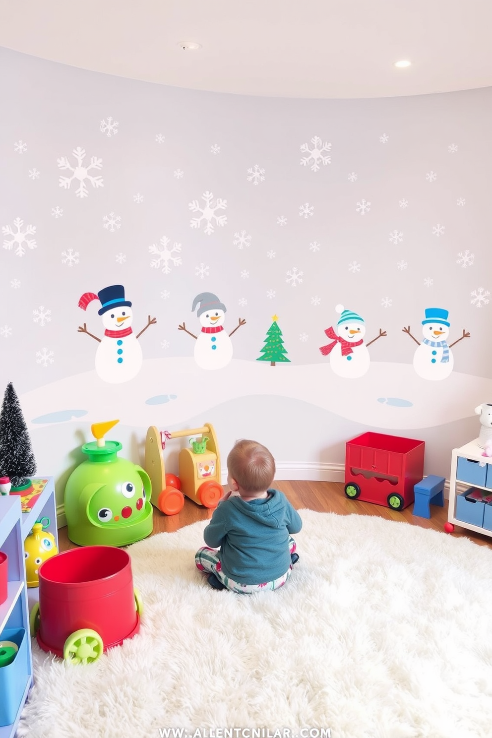 Interactive winter-themed wall stickers create a playful atmosphere in a cozy playroom. Snowflakes and cheerful snowmen adorn the walls, inviting children to engage with their surroundings. The room features a soft, plush rug in shades of white and blue, resembling a snowy landscape. Brightly colored toys and winter-themed decor complement the stickers, making the space both fun and inviting.