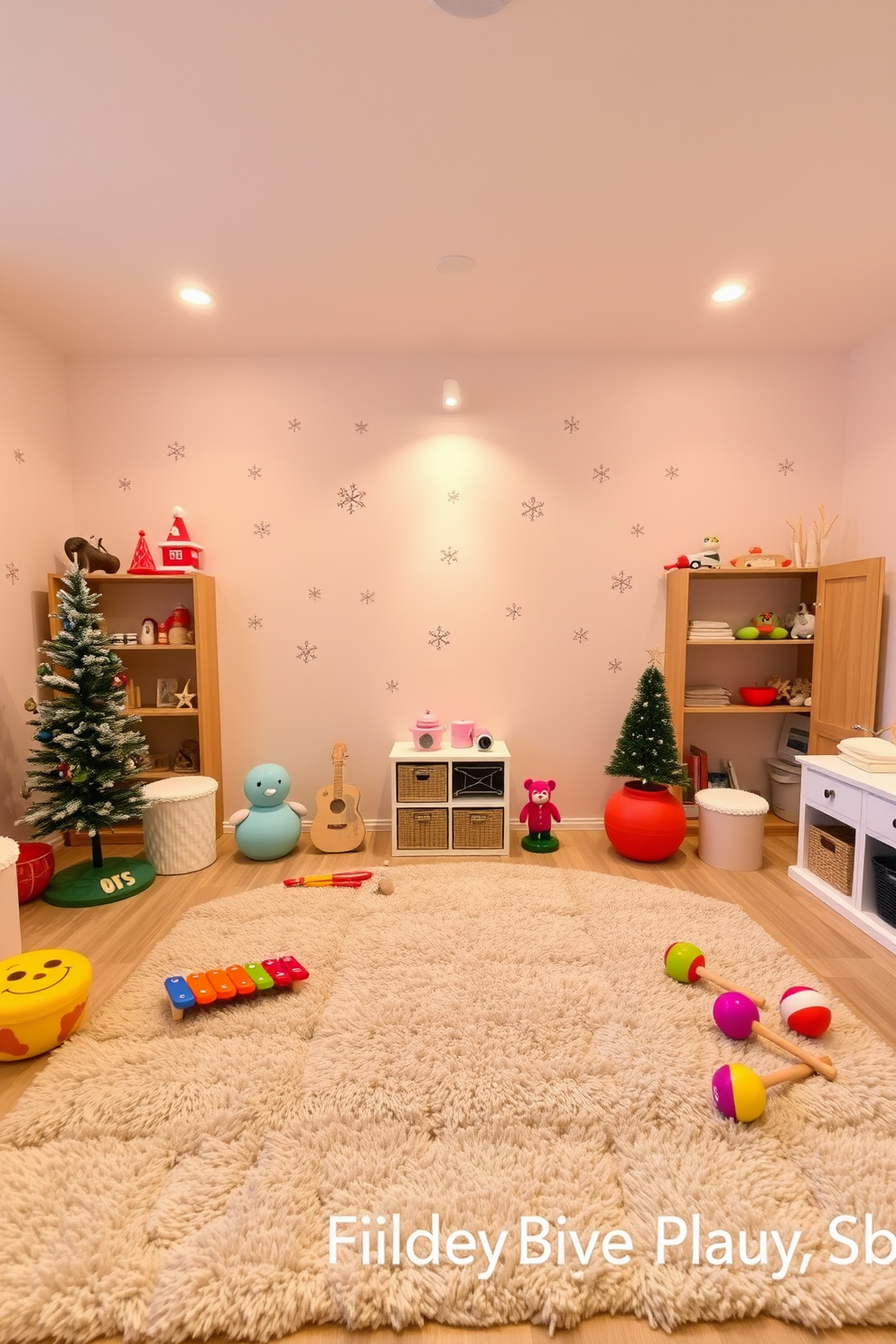 A cozy winter-themed playroom filled with playful musical instruments. The walls are adorned with soft pastel colors and whimsical snowflake decals, creating a festive atmosphere. In the center, a plush area rug provides a warm space for children to play. Colorful instruments like a xylophone and maracas are scattered around, inviting creativity and fun.