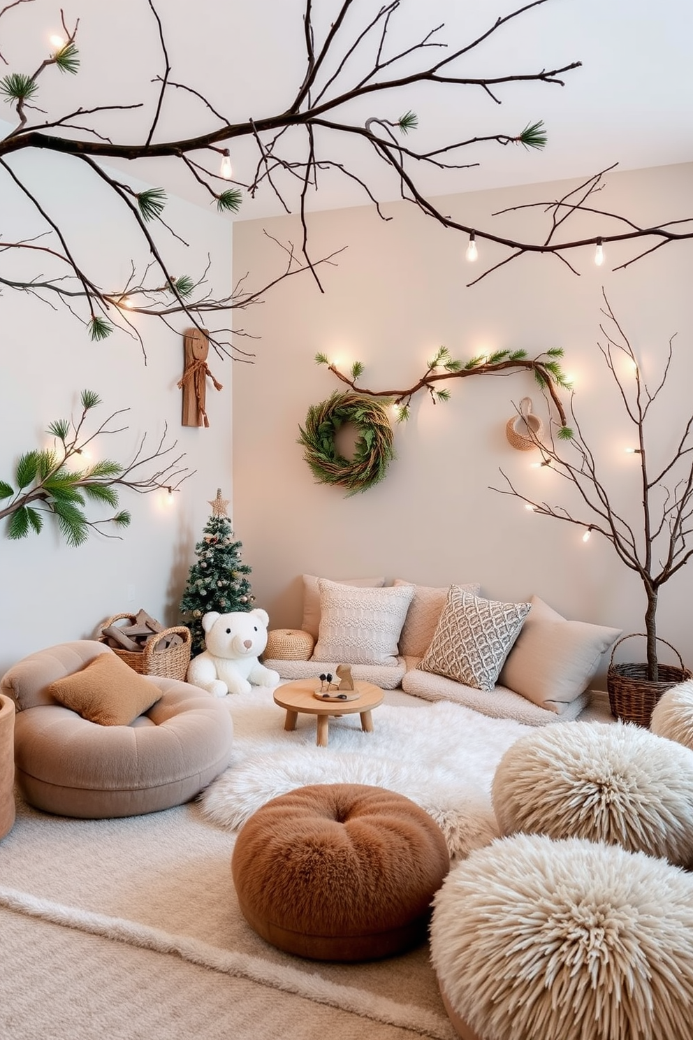 A cozy winter playroom filled with nature-inspired elements. Branches and pine accents are integrated into the decor, creating a warm and inviting atmosphere. The walls are adorned with soft, muted colors that evoke a sense of calm. Plush seating options in earthy tones provide comfort and encourage playtime activities.