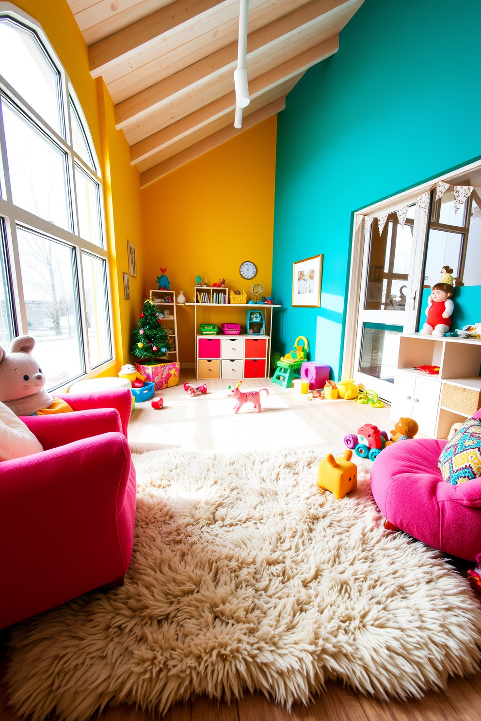 A cozy winter playroom features a soft faux fur rug that adds warmth and comfort underfoot. The room is filled with colorful toys and plush seating, creating an inviting atmosphere for children to play and explore. Brightly colored walls in cheerful tones enhance the playful vibe of the space. Large windows allow natural light to flood in, illuminating the area and making it feel open and airy.