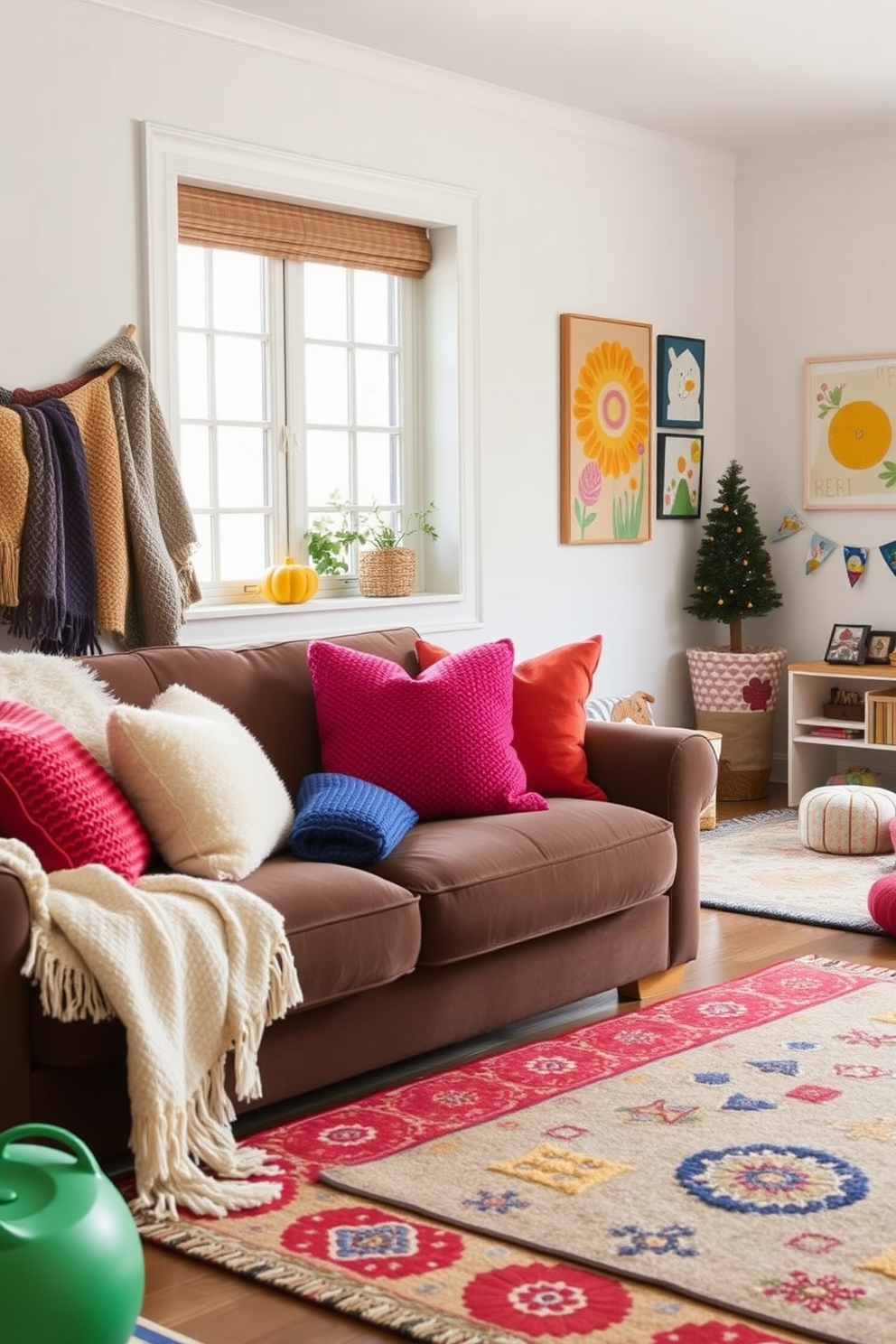 Cozy seating areas adorned with layered textiles create an inviting atmosphere. Plush cushions in various textures and patterns are layered on a deep-seated sofa, complemented by a soft throw blanket draped casually over the armrest. A winter playroom decorated with cheerful colors and playful patterns sparks joy and creativity. Brightly colored rugs and whimsical wall art enhance the space, while comfortable seating options invite children to engage in imaginative play.