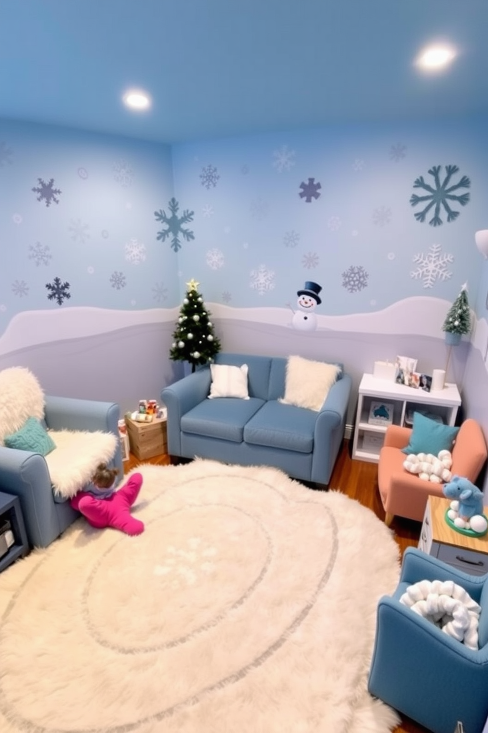 A cozy winter-themed playroom filled with playful decor. The walls are adorned with colorful winter-themed art featuring snowflakes and playful snowmen. Soft, plush furniture in shades of blue and white creates a comfortable seating area. A large, fluffy rug covers the floor, inviting children to play and enjoy the winter wonderland.