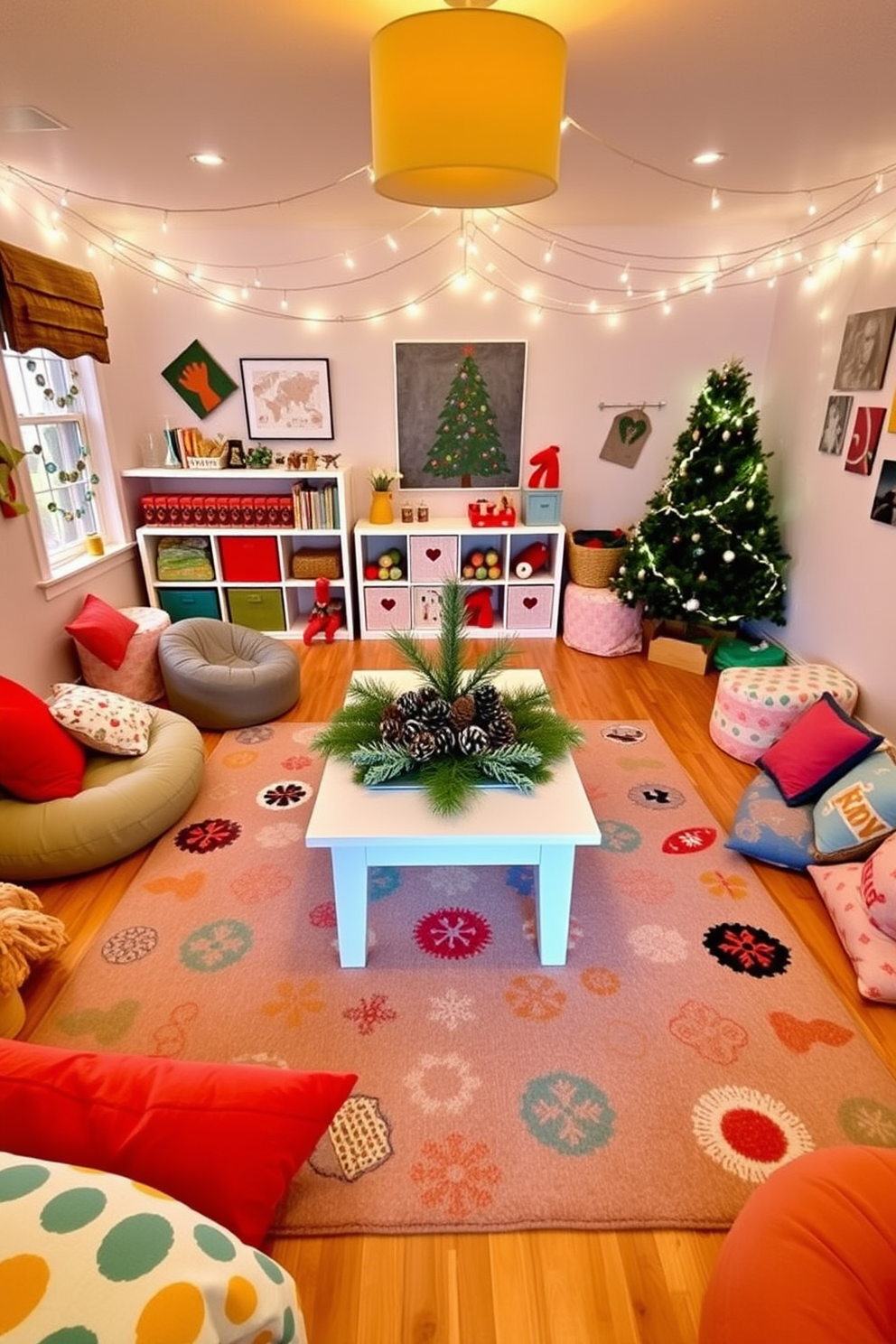 A cozy winter playroom filled with joy and creativity. The space features a large area rug with playful patterns, surrounded by soft cushions and bean bags for comfort. In the center, a festive table displays pinecone and evergreen centerpieces, adding a touch of nature to the room. Colorful wall art and fairy lights create a warm and inviting atmosphere for children to play and explore.