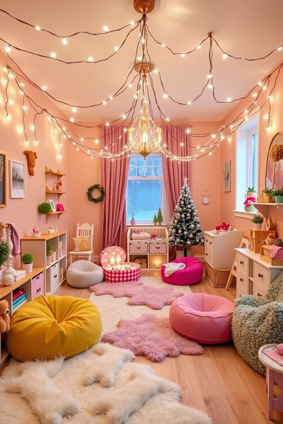 A cozy winter playroom filled with playful decor. Twinkling fairy lights hang from the ceiling, casting a soft glow across the room. The walls are painted in a warm pastel color, creating a cheerful atmosphere. Plush rugs and colorful bean bags provide a comfortable space for children to play and relax.