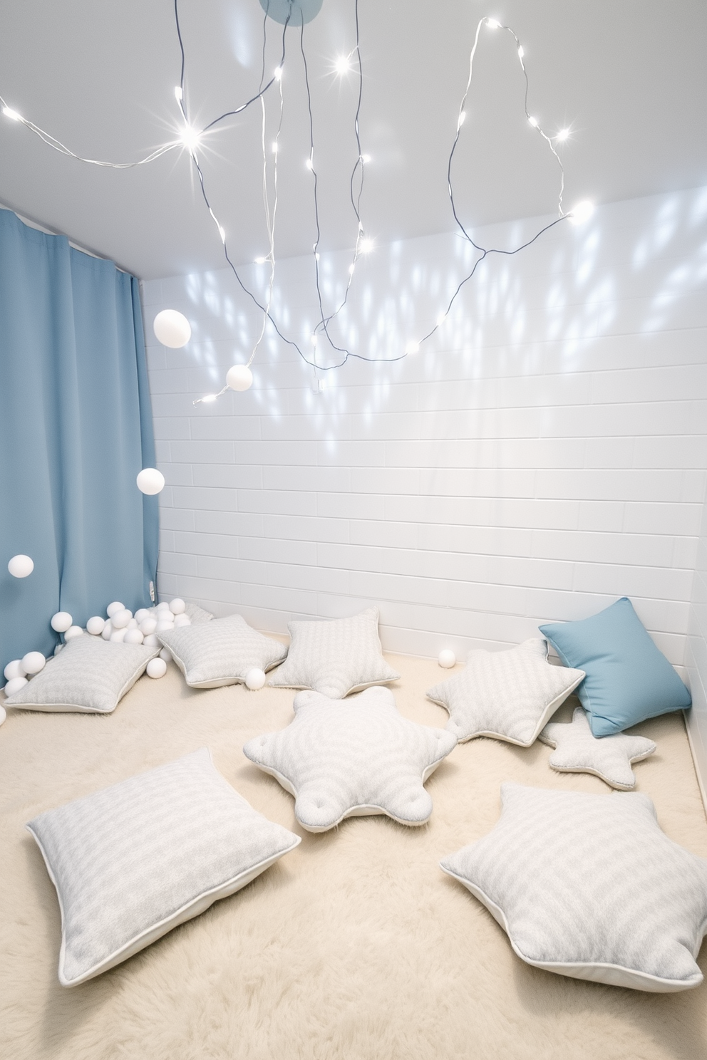 Indoor snowball fight area with soft balls. The space features a cozy atmosphere with white walls and soft blue accents, creating a winter wonderland feel. Pillows shaped like snowflakes are scattered across the floor, providing comfort during play. A faux fur rug adds warmth, while twinkling fairy lights hang from the ceiling, mimicking stars in a snowy night sky.