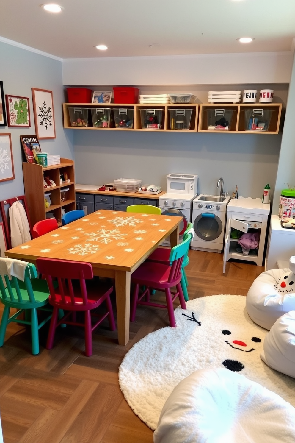 A cozy craft station for winter-themed projects. The space features a large wooden table covered with snowflake-patterned fabric and surrounded by colorful chairs. The walls are adorned with winter-themed artwork and shelves filled with craft supplies in clear bins. Soft, ambient lighting creates a warm and inviting atmosphere for creativity. A playful winter playroom designed for children. The room includes a plush snowman-shaped rug and bean bags shaped like igloos for seating. The walls are painted in a soft blue hue, with white snowflakes stenciled throughout. A small play kitchen with winter-themed accessories adds to the fun and imaginative environment.