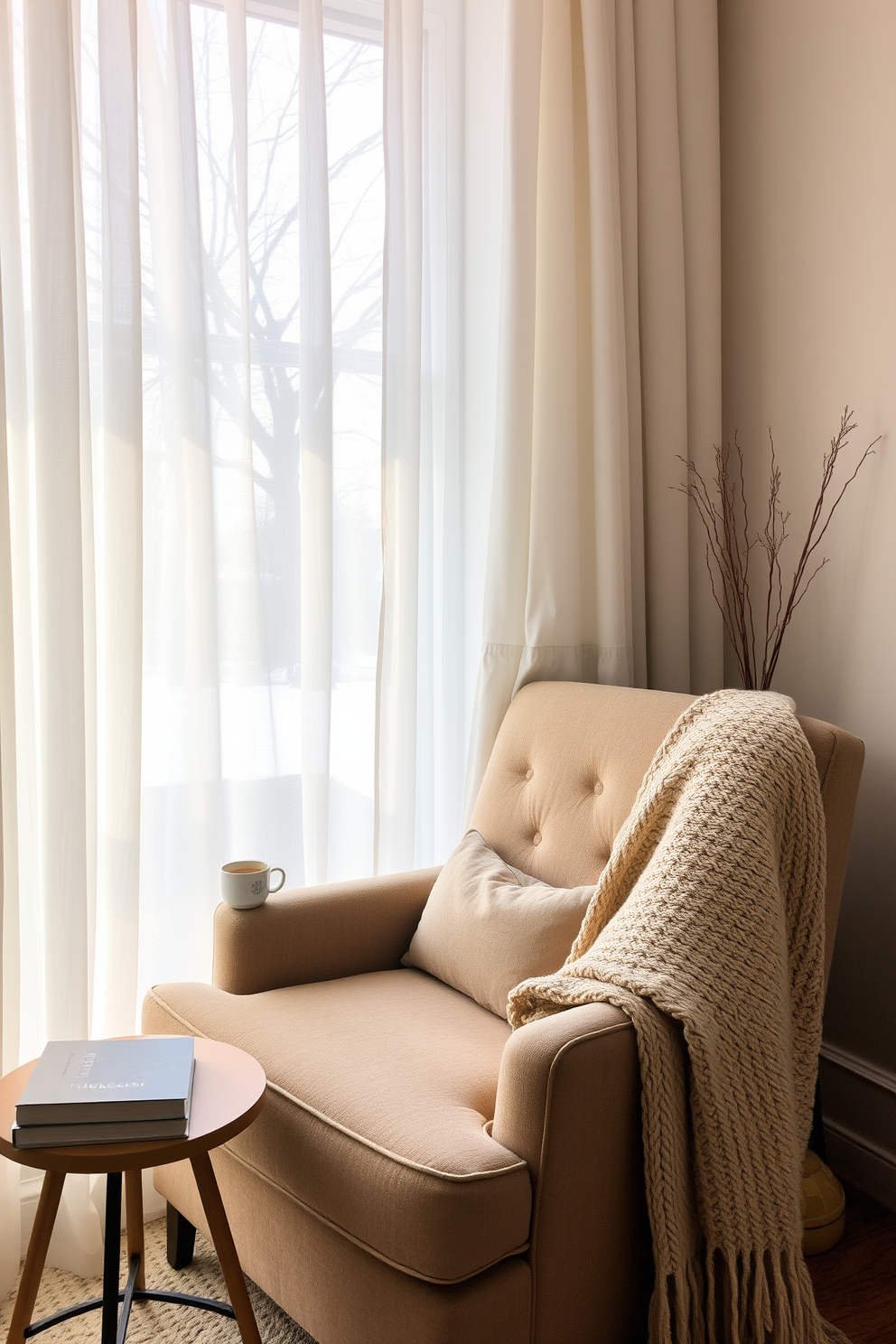 A cozy oversized armchair is positioned in a corner next to a large window. A warm knitted blanket is draped over the armrest, inviting relaxation and comfort. Soft natural light filters through sheer curtains, creating a warm atmosphere. A small side table holds a stack of books and a steaming cup of tea, perfect for a winter reading nook.