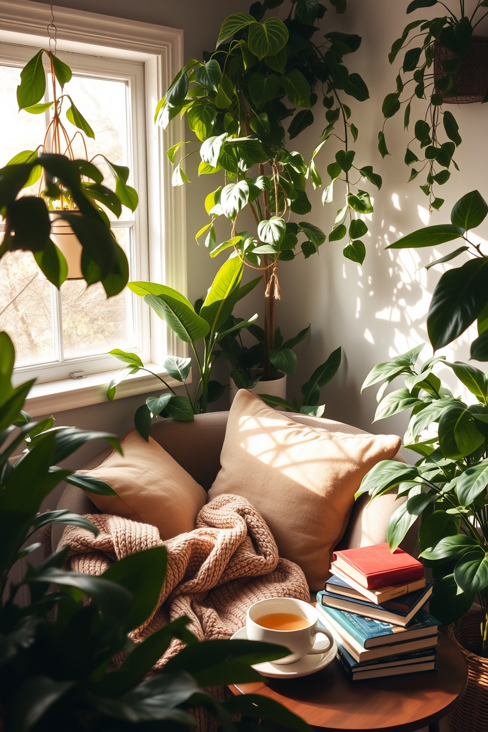 A cozy nook surrounded by lush indoor plants creates a serene atmosphere perfect for relaxation. Soft cushions and a warm throw blanket are placed on a comfortable chair, inviting you to curl up with a good book. Natural light pours in through a nearby window, illuminating the vibrant greenery and creating a calming ambiance. A small side table holds a steaming cup of tea and a stack of your favorite novels, enhancing the inviting feel of the space.