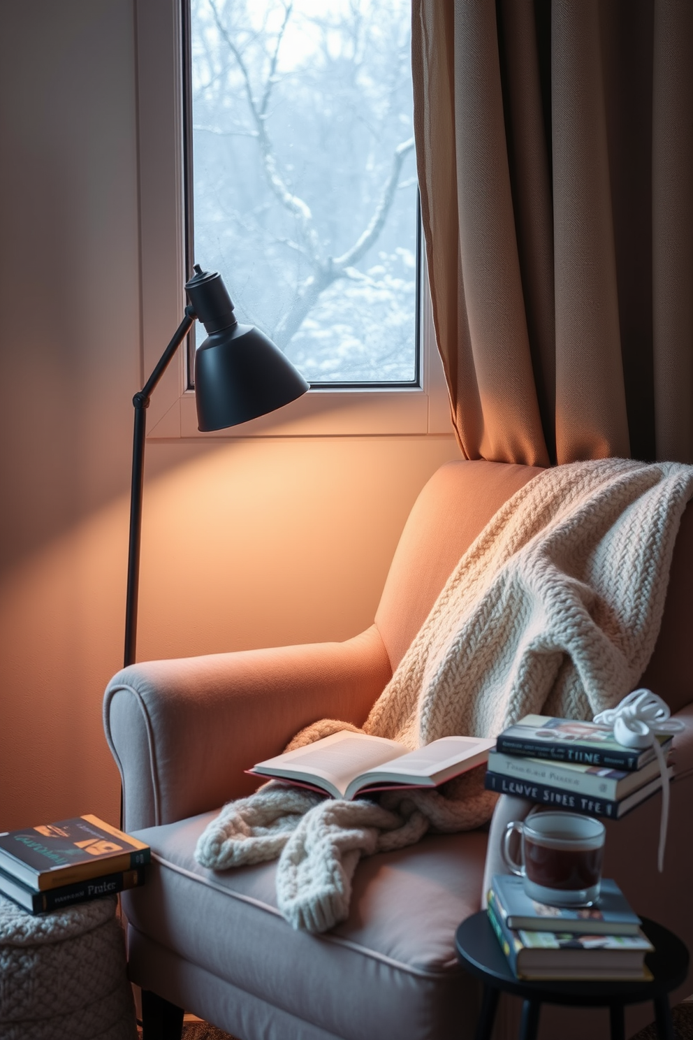 A cozy winter reading nook featuring a plush armchair upholstered in a soft, warm fabric. A stylish reading lamp with adjustable brightness stands beside the chair, casting a gentle glow perfect for curling up with a book. The nook is adorned with a soft throw blanket draped over the armchair, adding an inviting touch. A small side table holds a steaming cup of tea and a stack of favorite novels, completing the serene atmosphere.